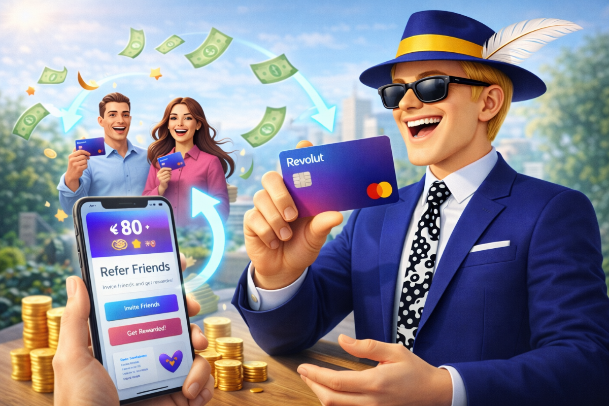 Stan de LeParrain.com tient une carte Revolut en souriant avec des amis derrière lui.