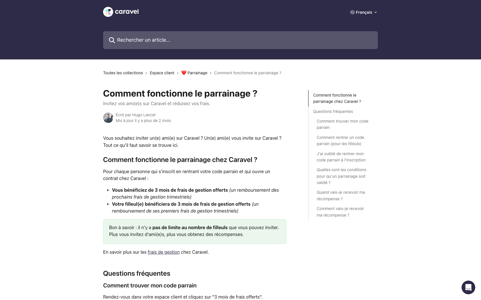 Page programme de parrainage Caravel