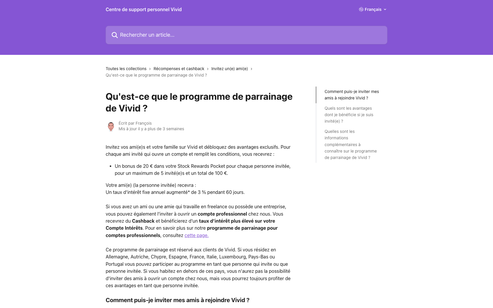 Page programme de parrainage Vivid Money