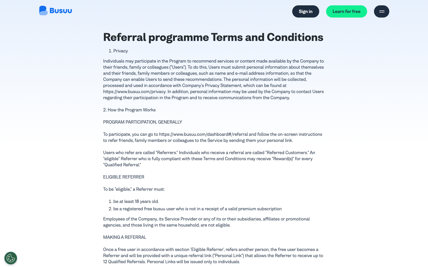 Page programme de parrainage Busuu