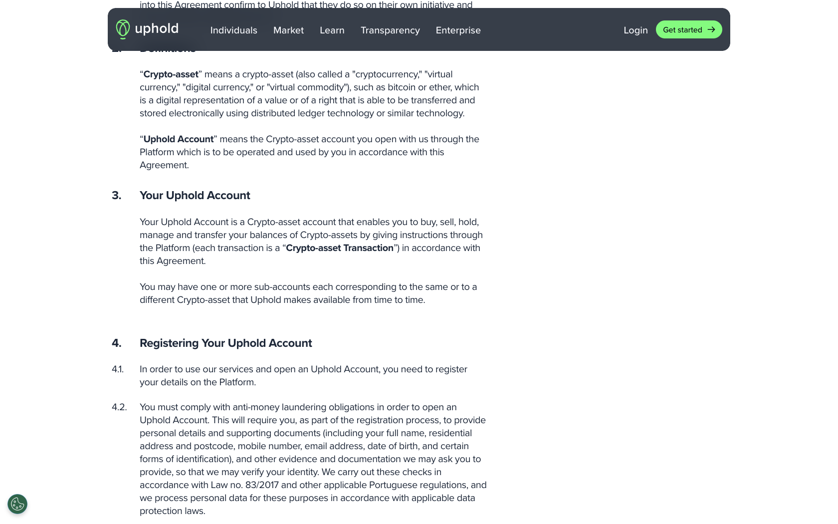 Aperçu du site officiel Uphold