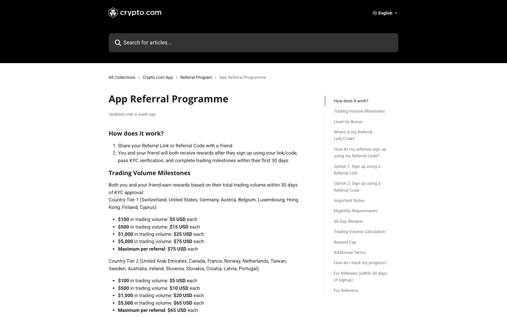 Page du programme de parrainage Crypto