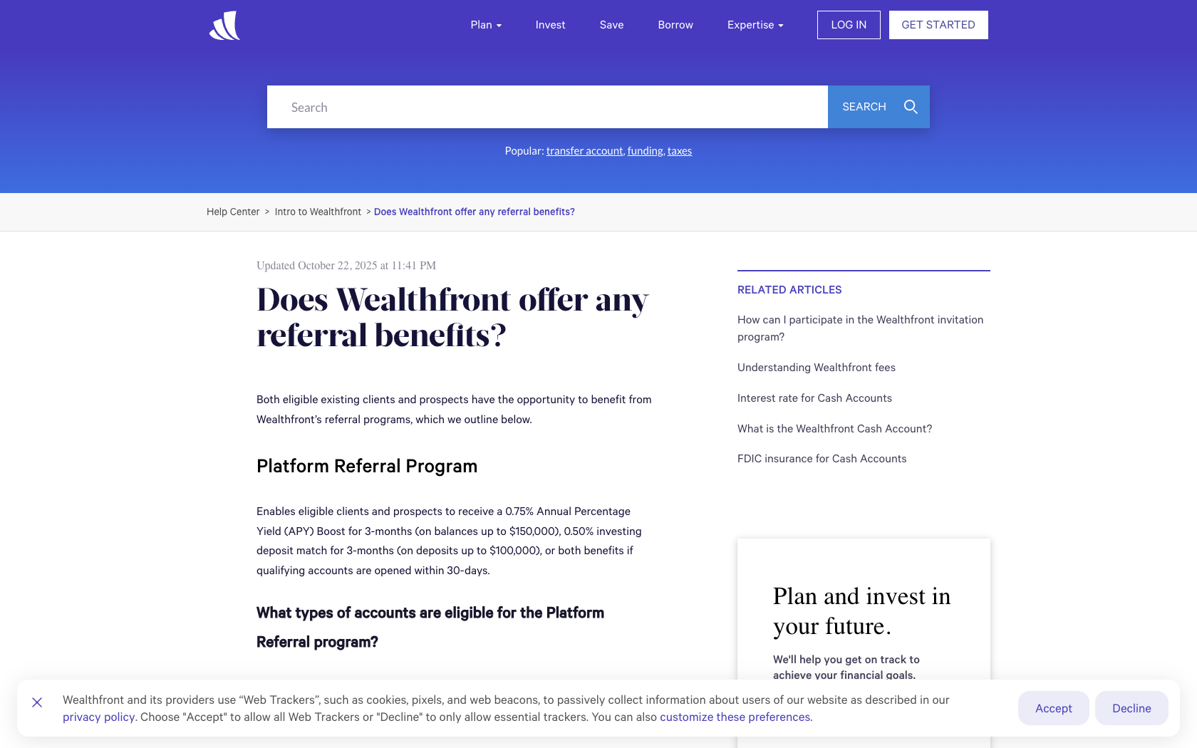 Page programme de parrainage Wealthfront