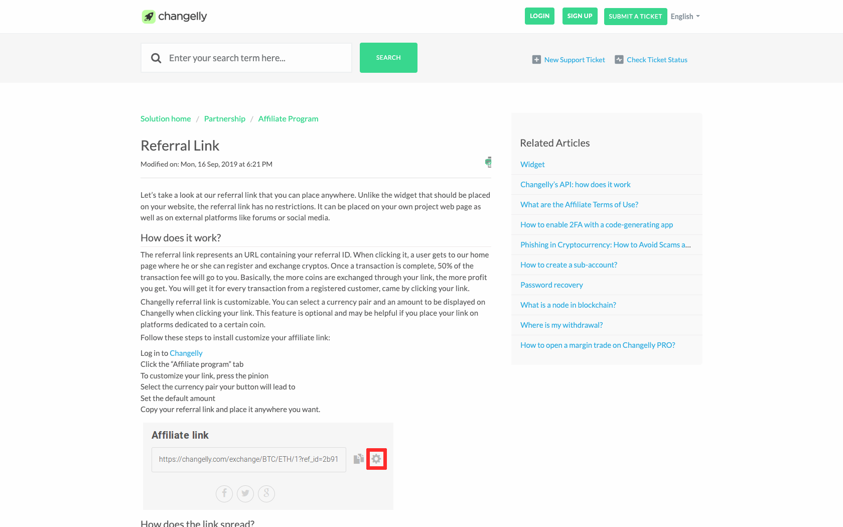Page programme de parrainage Changelly