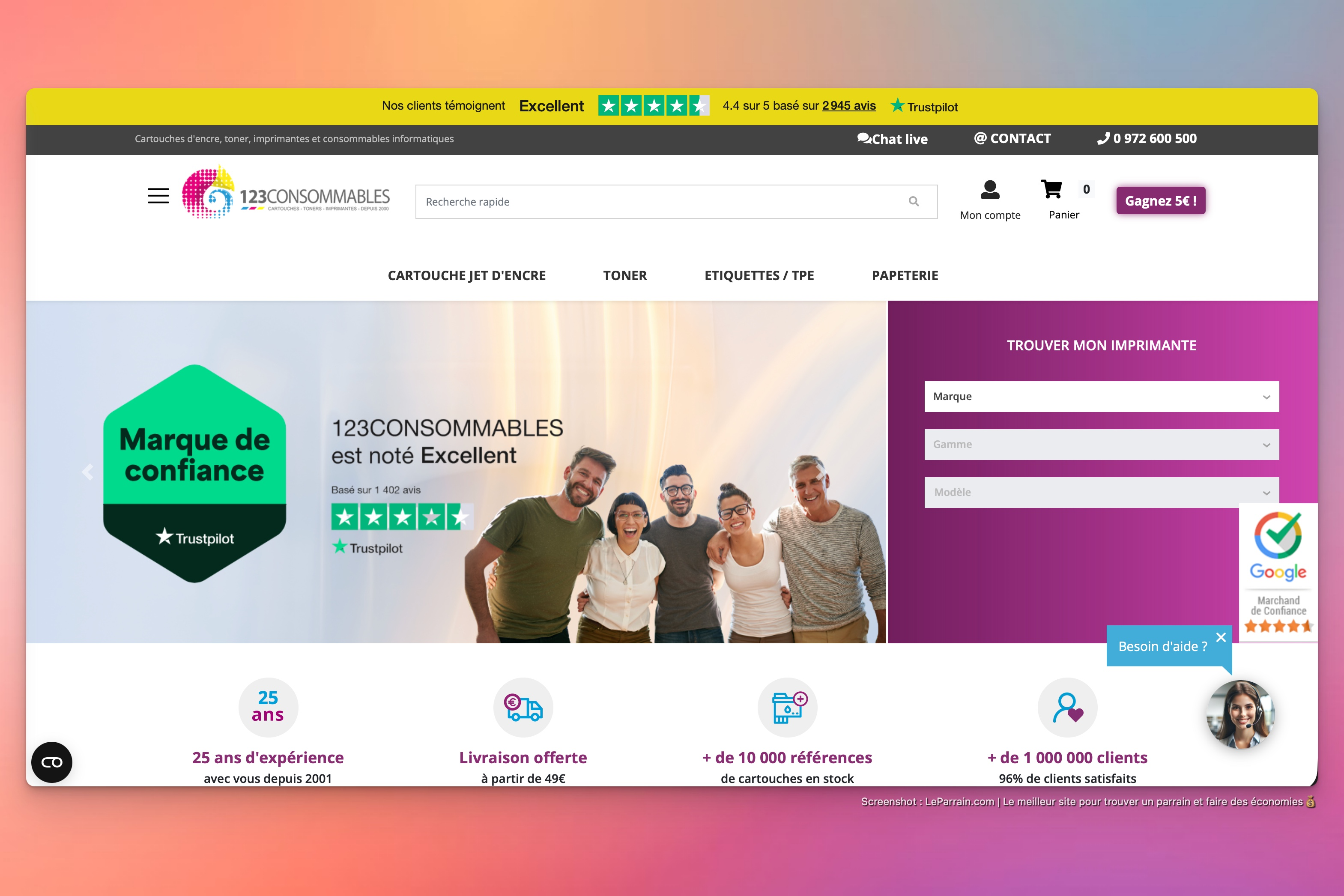 Capture d'écran 2 du programme de parrainage 123 CONSOMMABLES