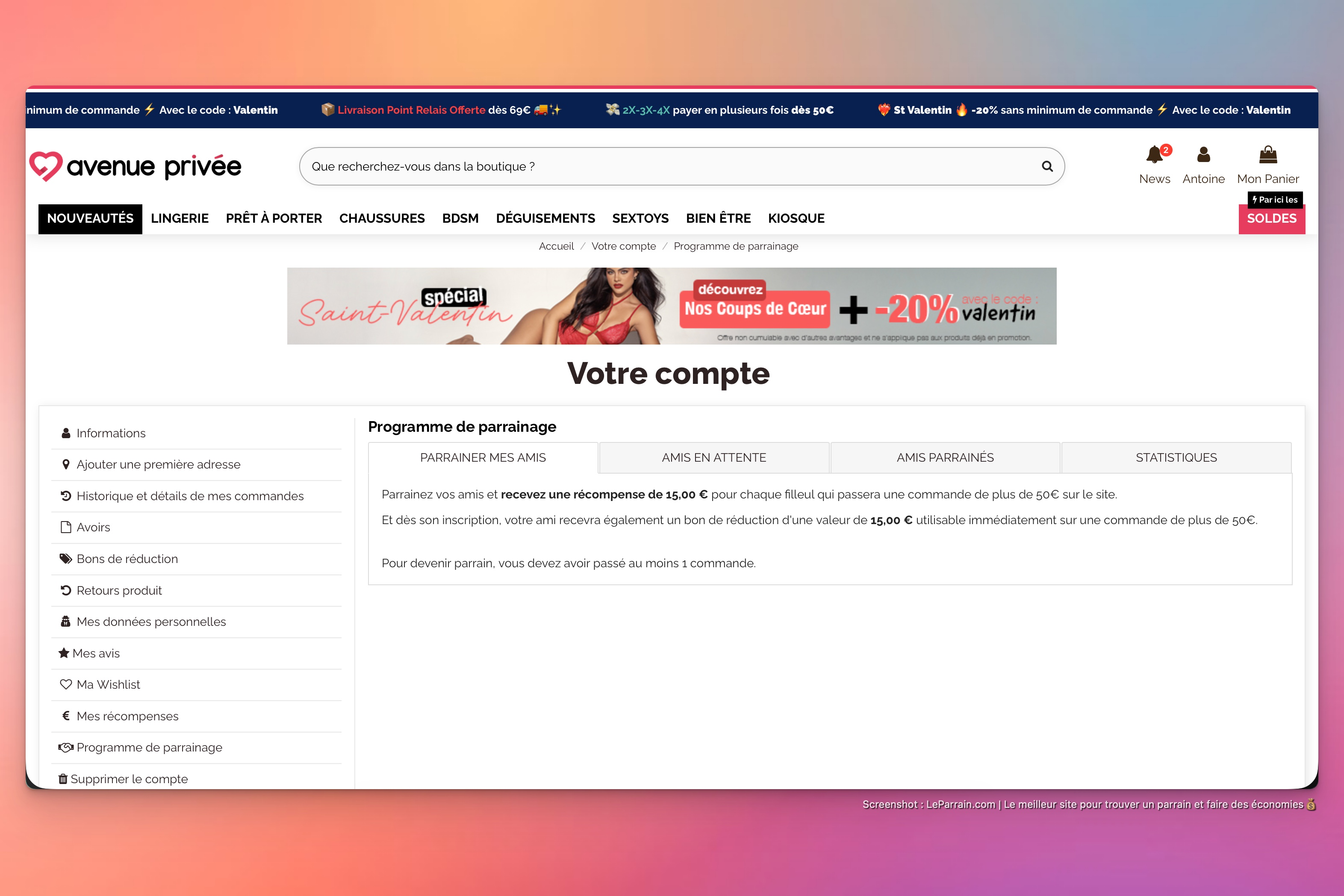 Capture d'écran 1 du programme de parrainage Avenue Privée