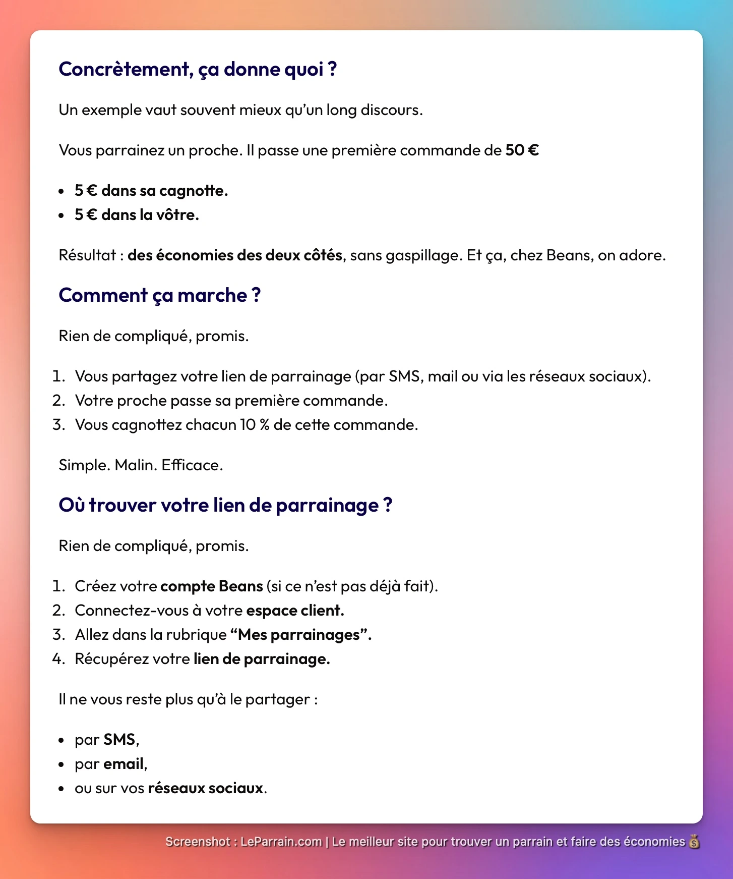 Capture d'écran 5 du programme de parrainage Beans Club