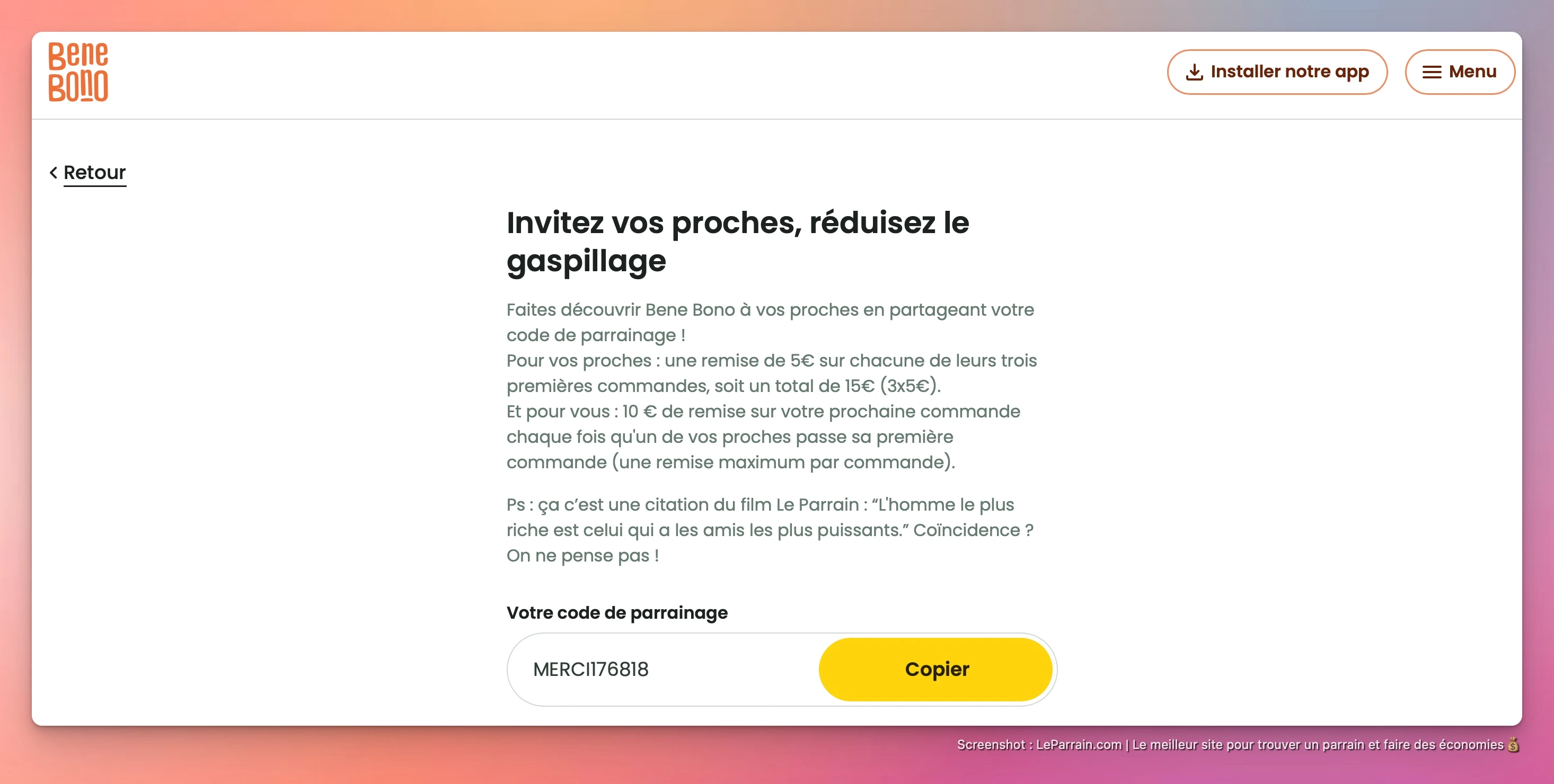 Capture d'écran 2 du programme de parrainage Bene Bono