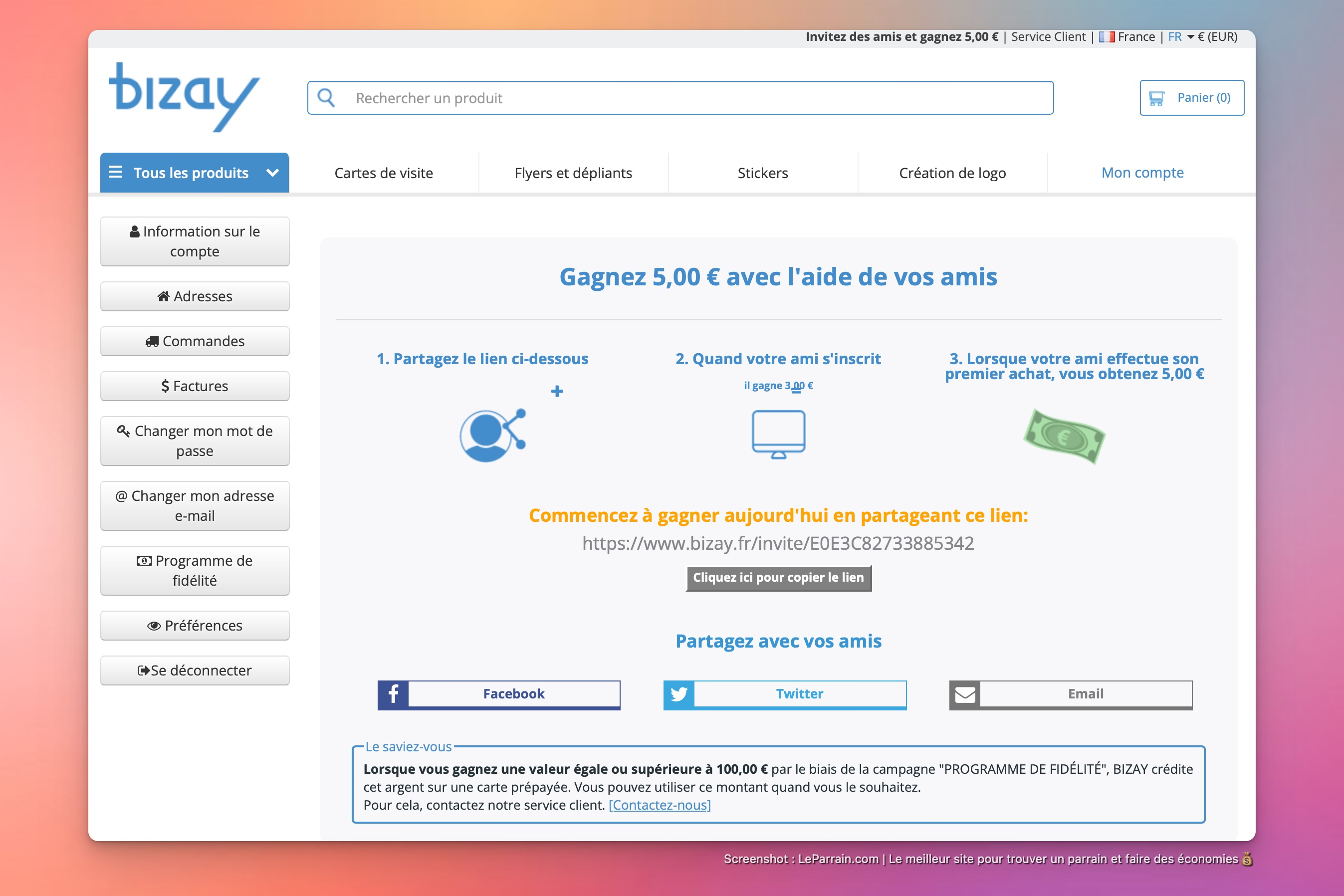 Capture d'écran 3 du programme de parrainage Bizay