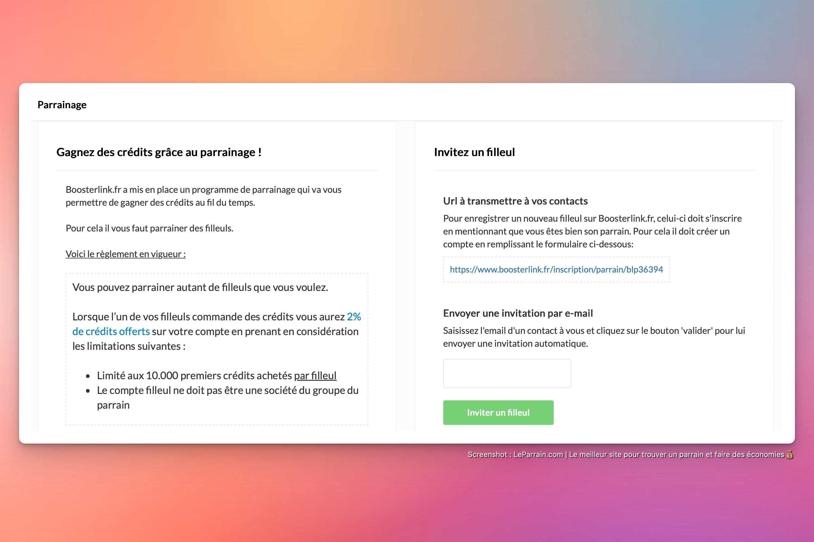 Capture d'écran 1 du programme de parrainage BoosterLink