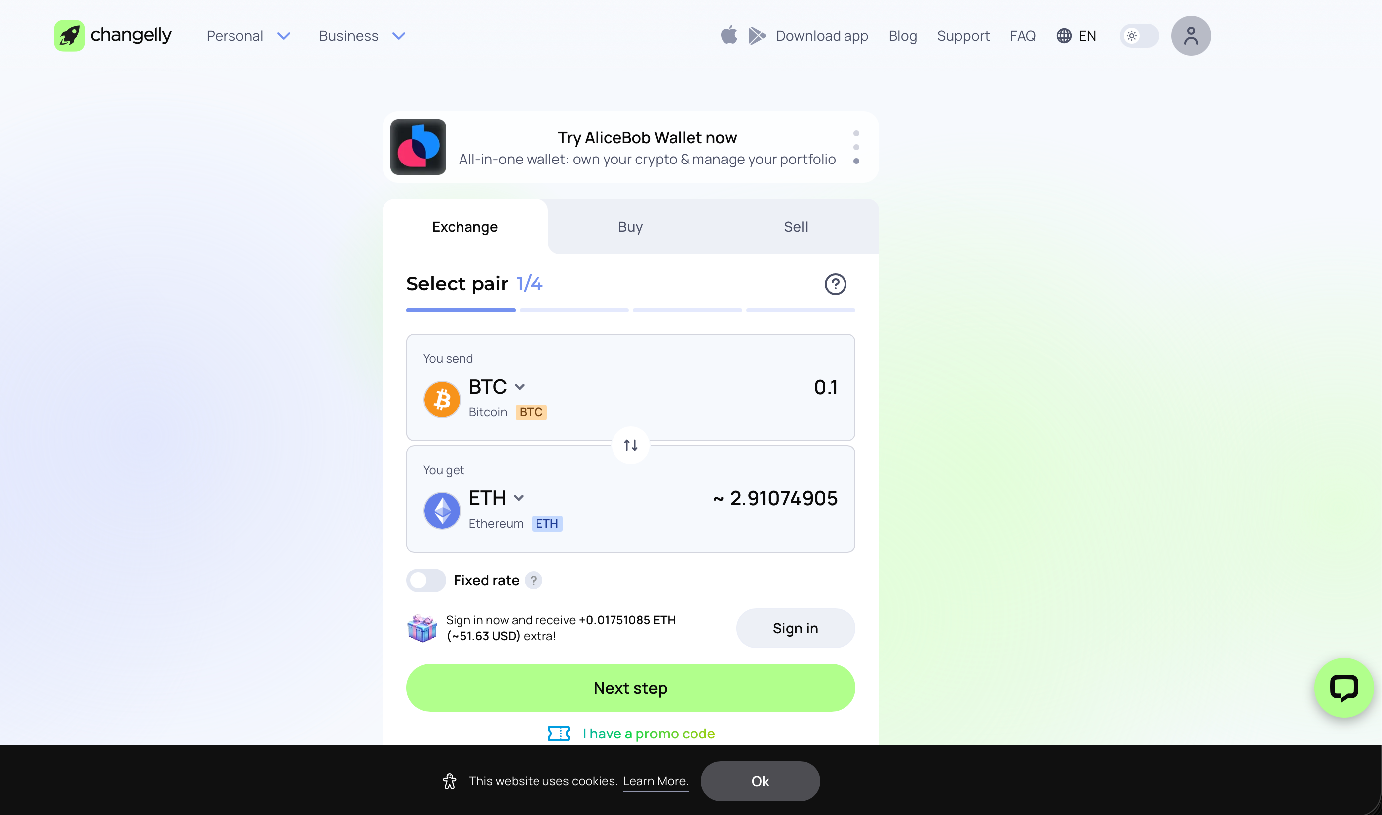 Capture d'écran 1 du programme de parrainage Changelly