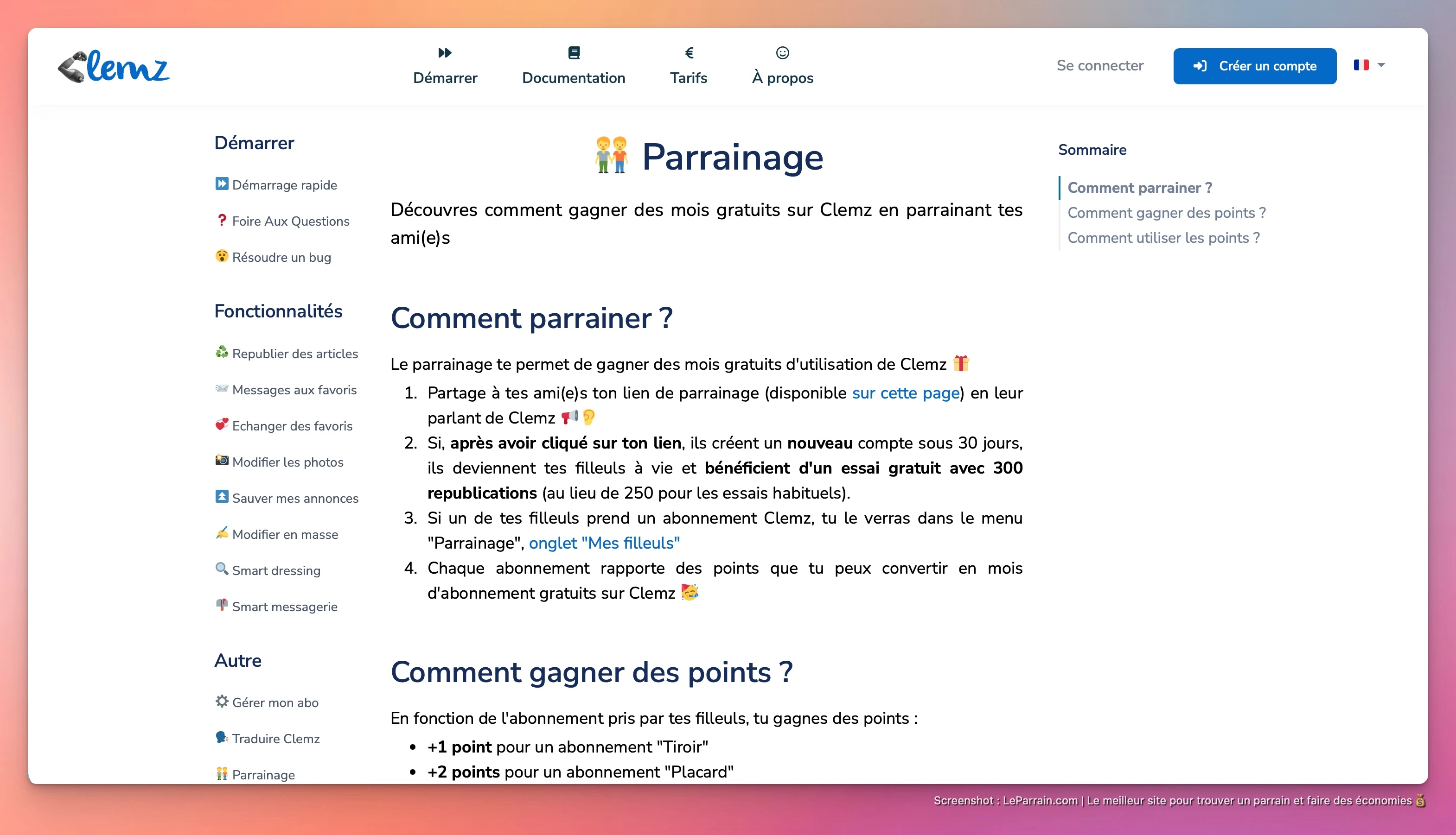 Capture d'écran 1 du programme de parrainage Clemz