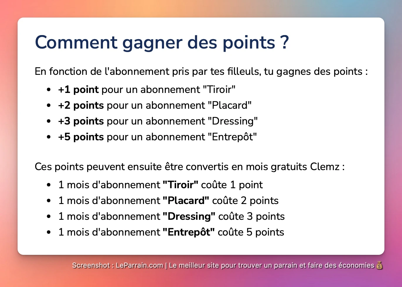 Capture d'écran 2 du programme de parrainage Clemz