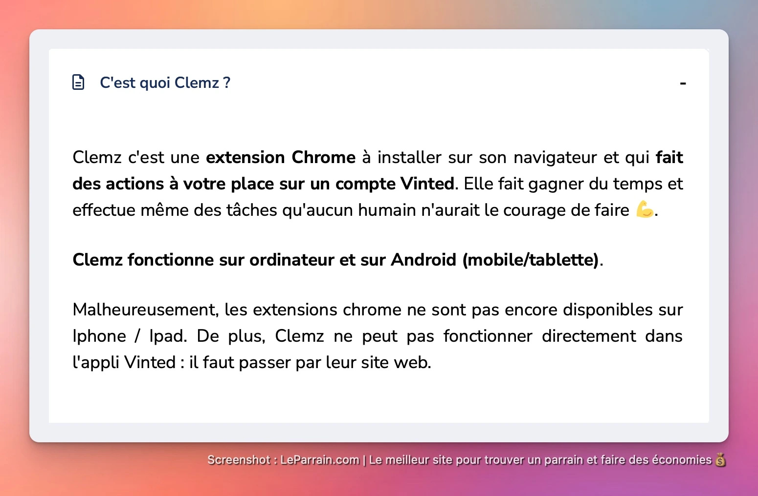 Capture d'écran 4 du programme de parrainage Clemz