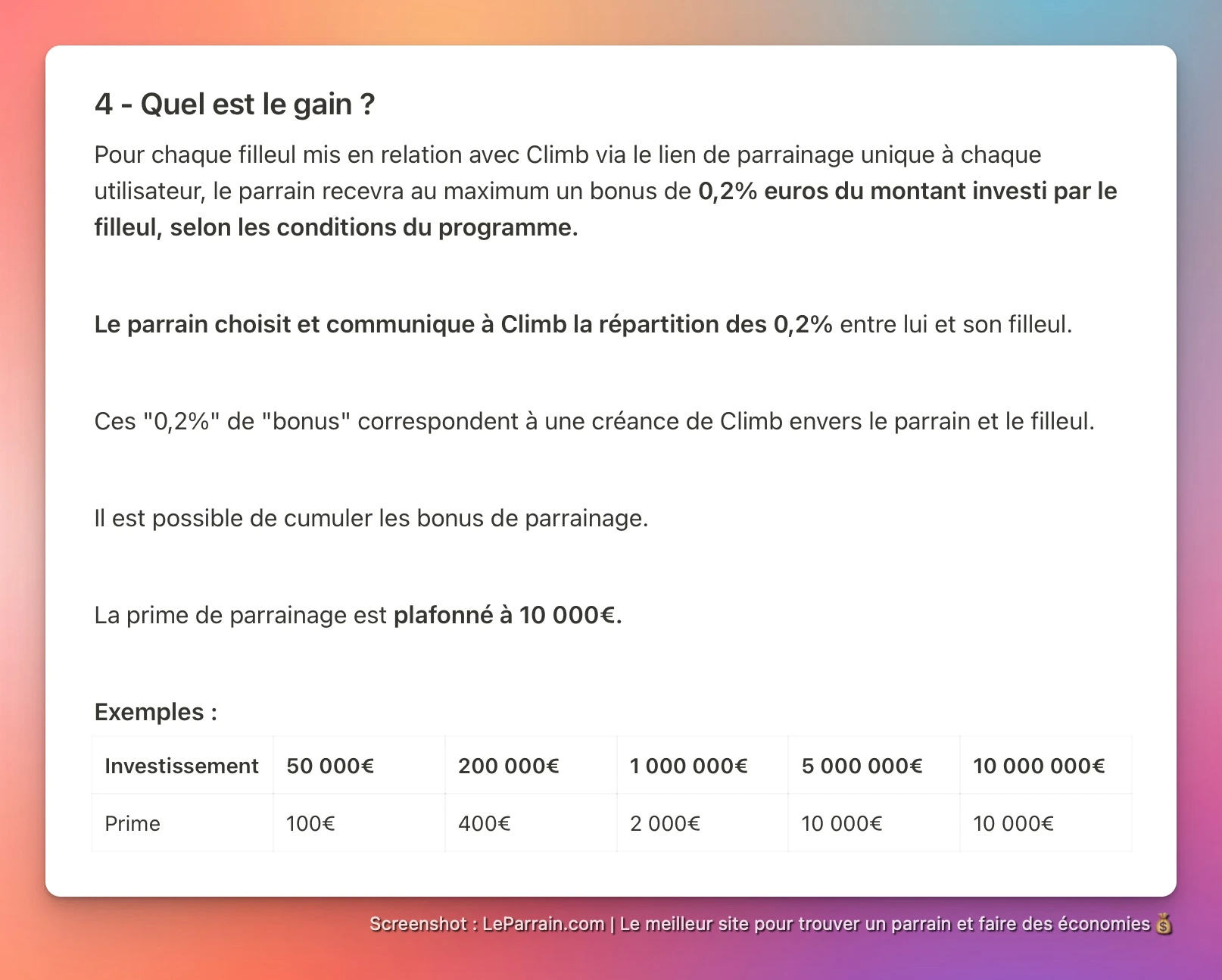 Capture d'écran 1 du programme de parrainage Climb
