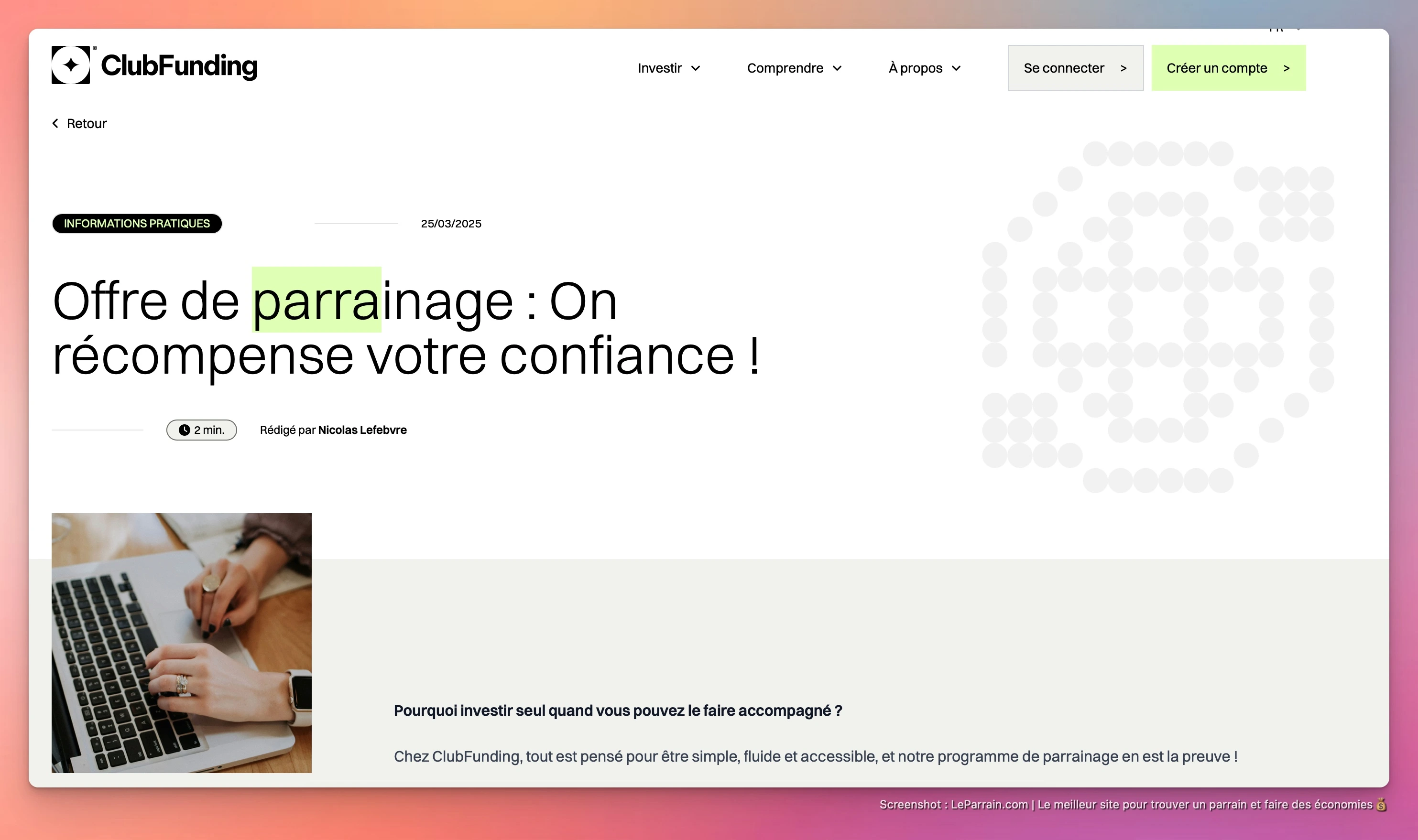Capture d'écran 4 du programme de parrainage ClubFunding
