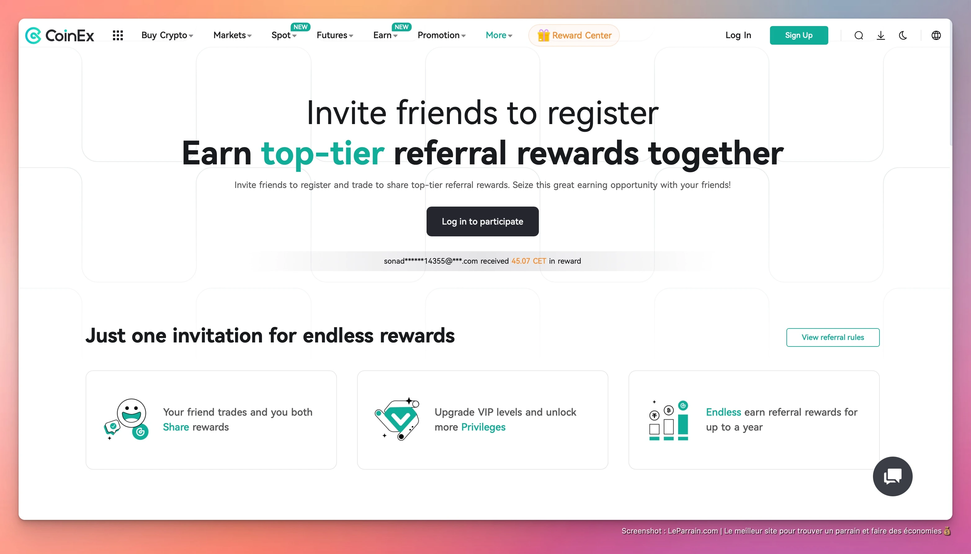 Capture d'écran 1 du programme de parrainage CoinEx