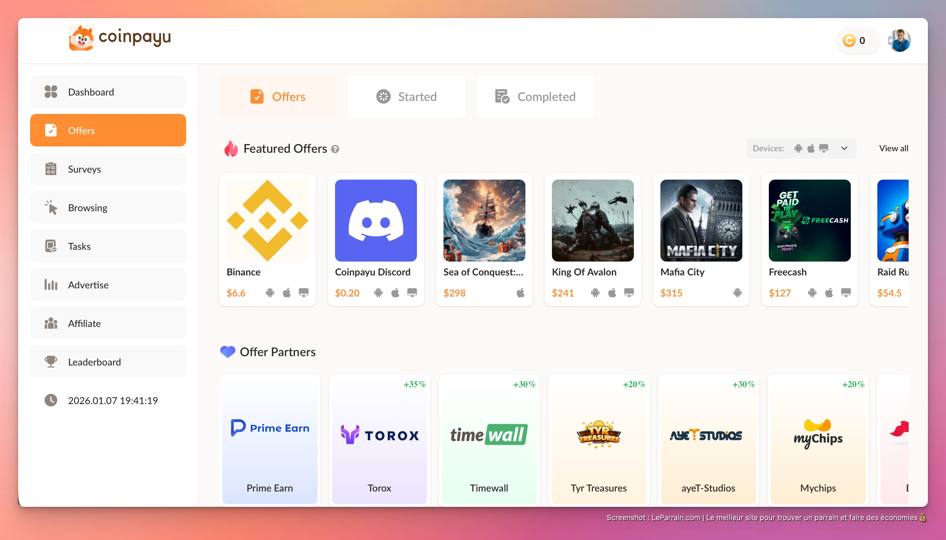 Capture d'écran 1 du programme de parrainage Coinpayu