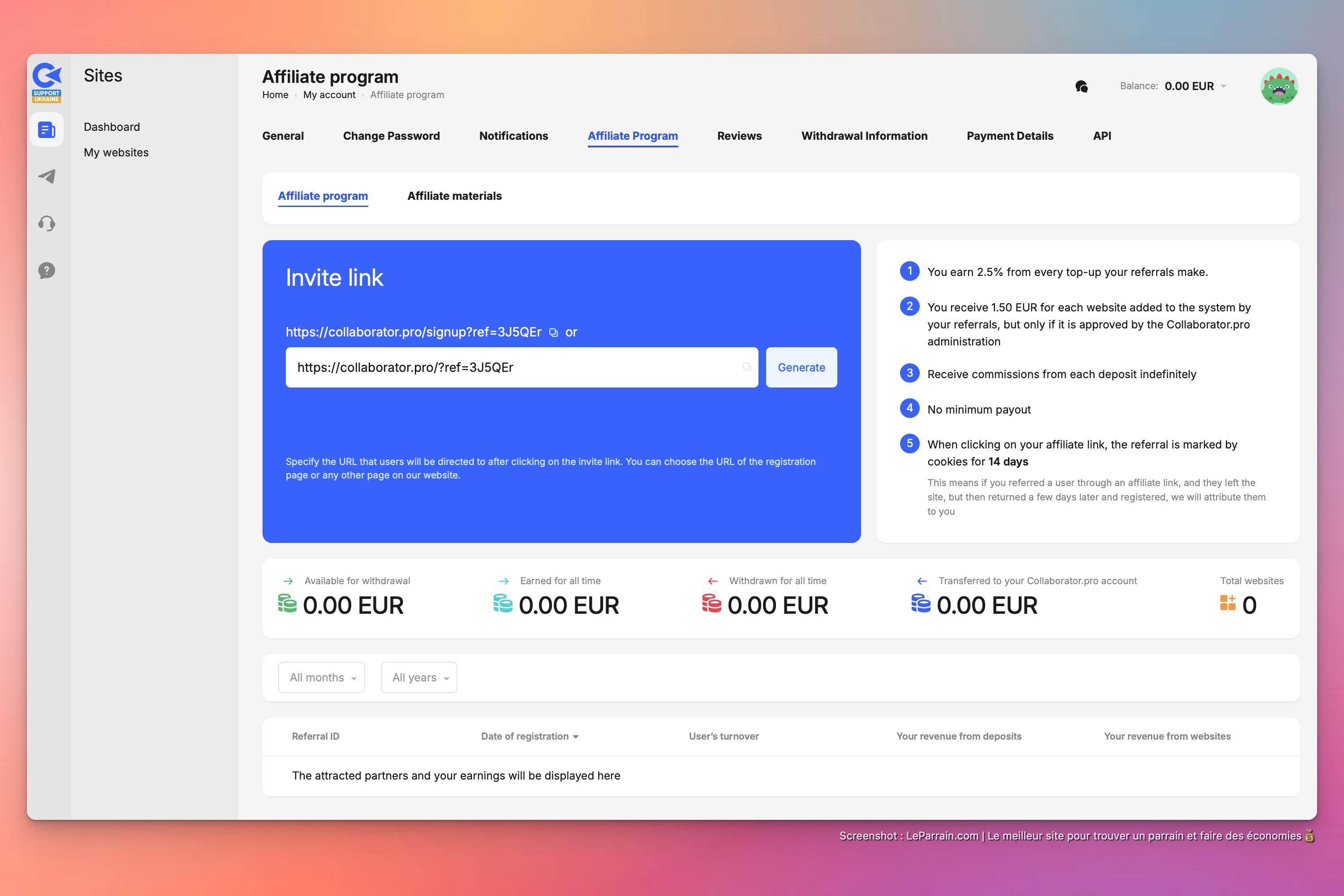 Capture d'écran 2 du programme de parrainage Collaborator.pro