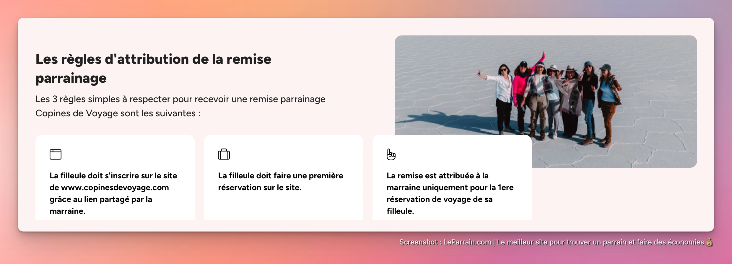 Capture d'écran 2 du programme de parrainage Copines de voyage