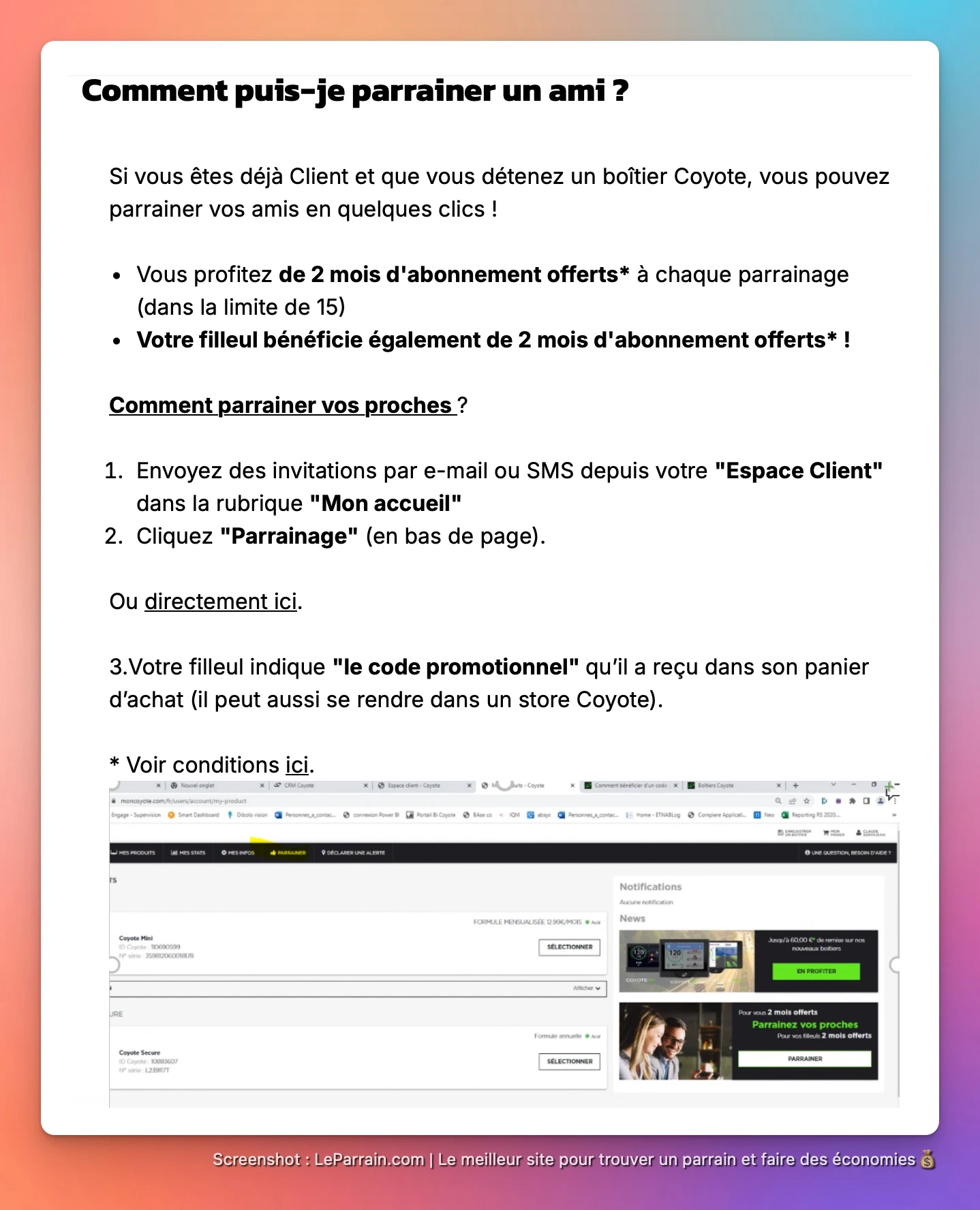 Capture d'écran 1 du programme de parrainage Coyote