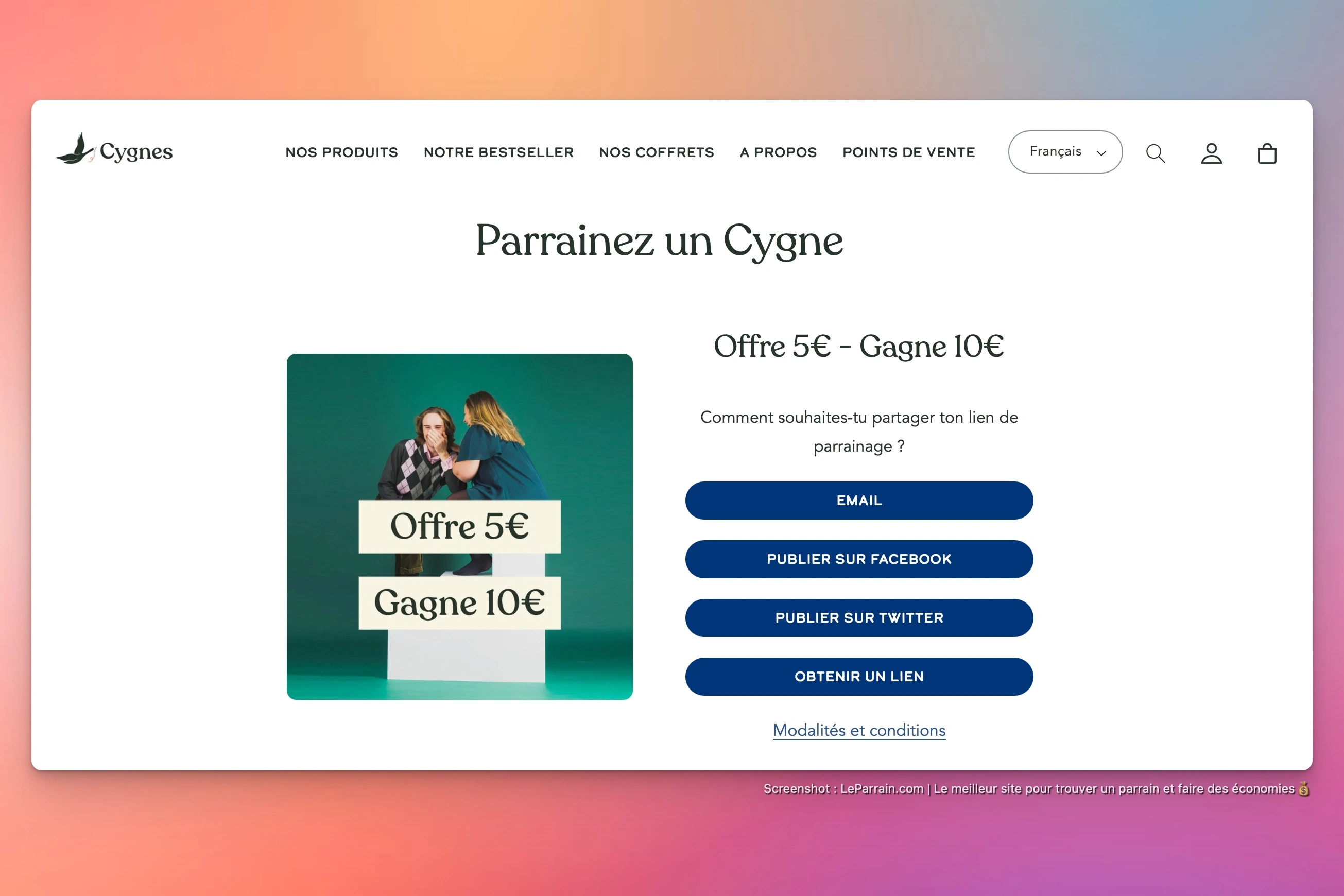 Capture d'écran 1 du programme de parrainage Cygnes