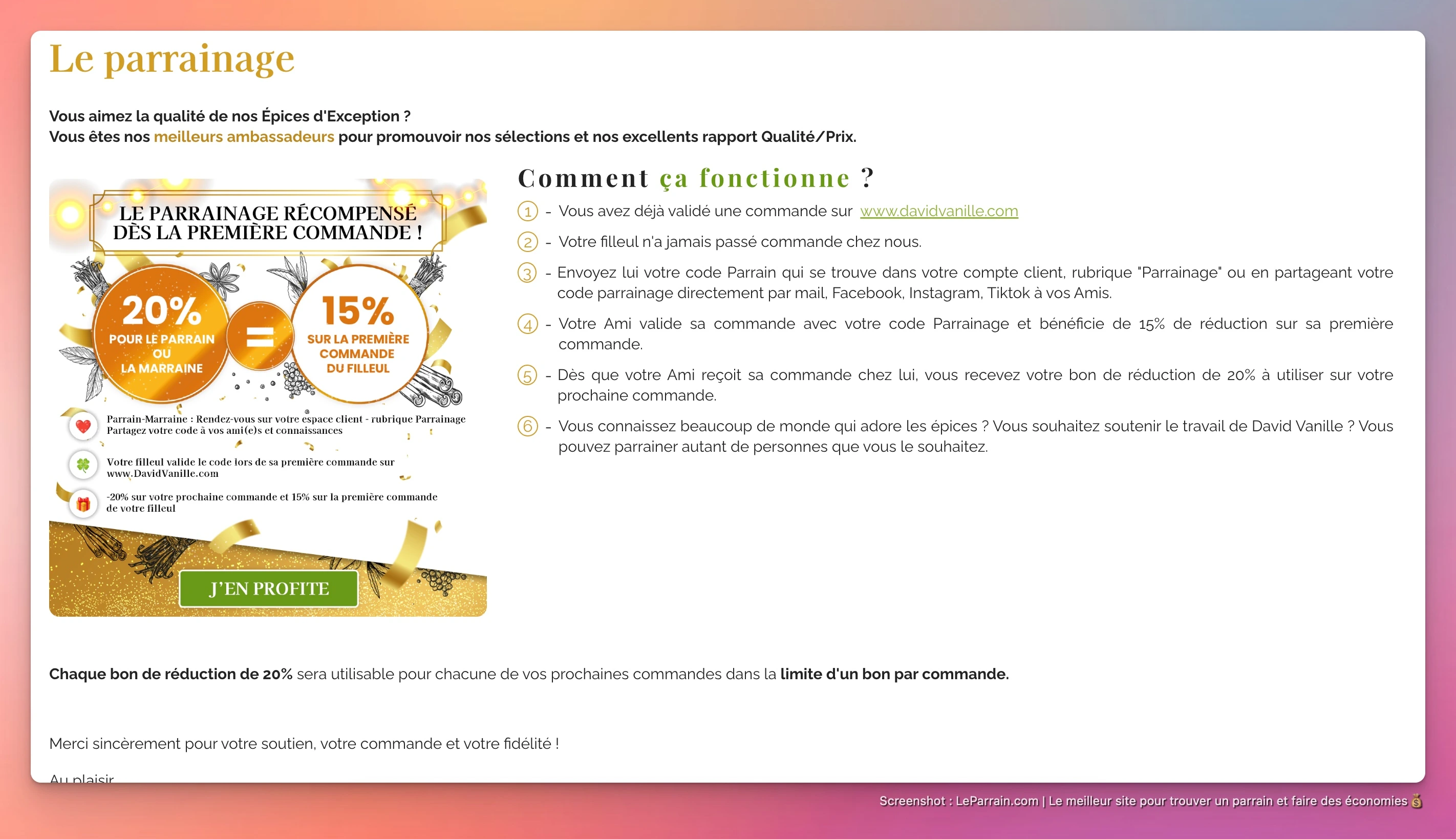 Capture d'écran 1 du programme de parrainage David vanille