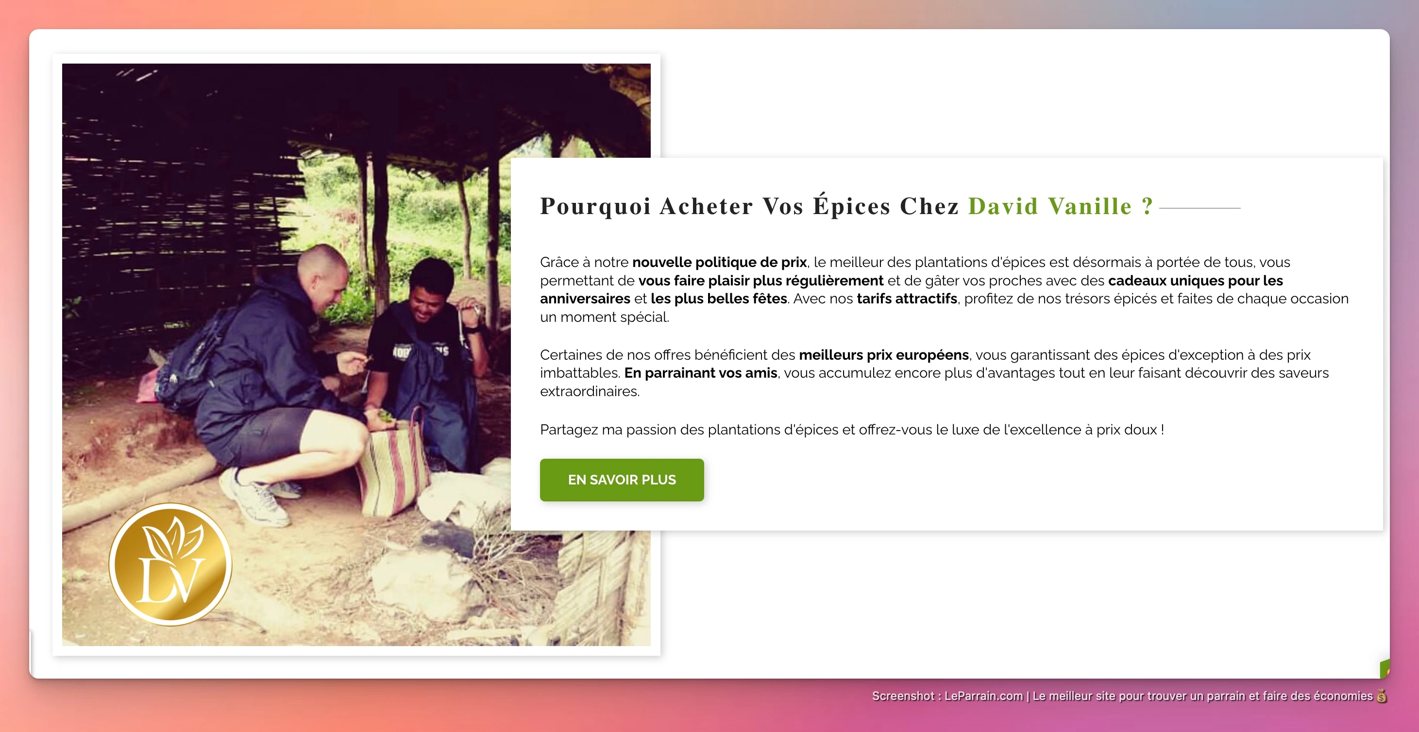 Capture d'écran 3 du programme de parrainage David vanille