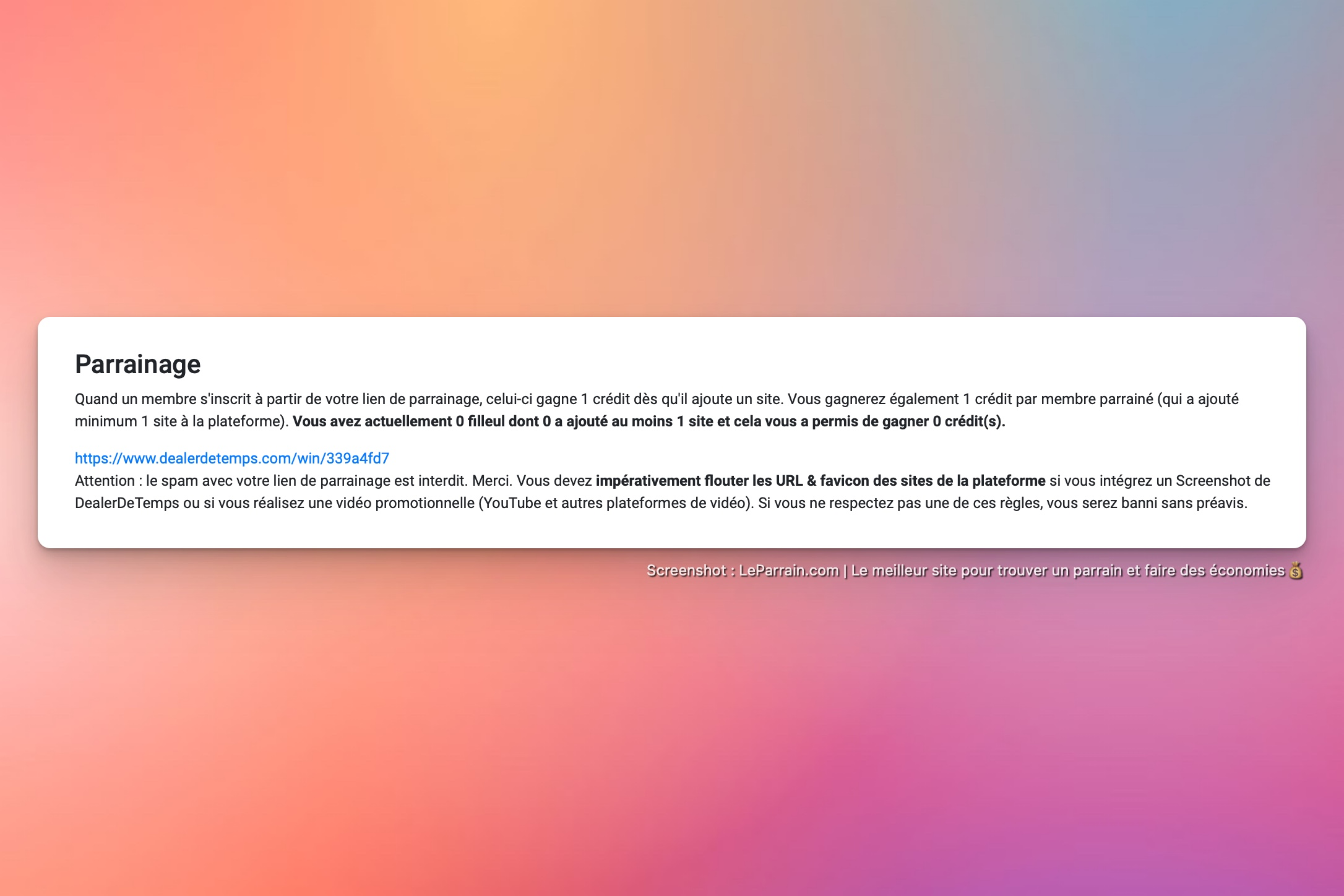 Capture d'écran 1 du programme de parrainage DealerDeTemps