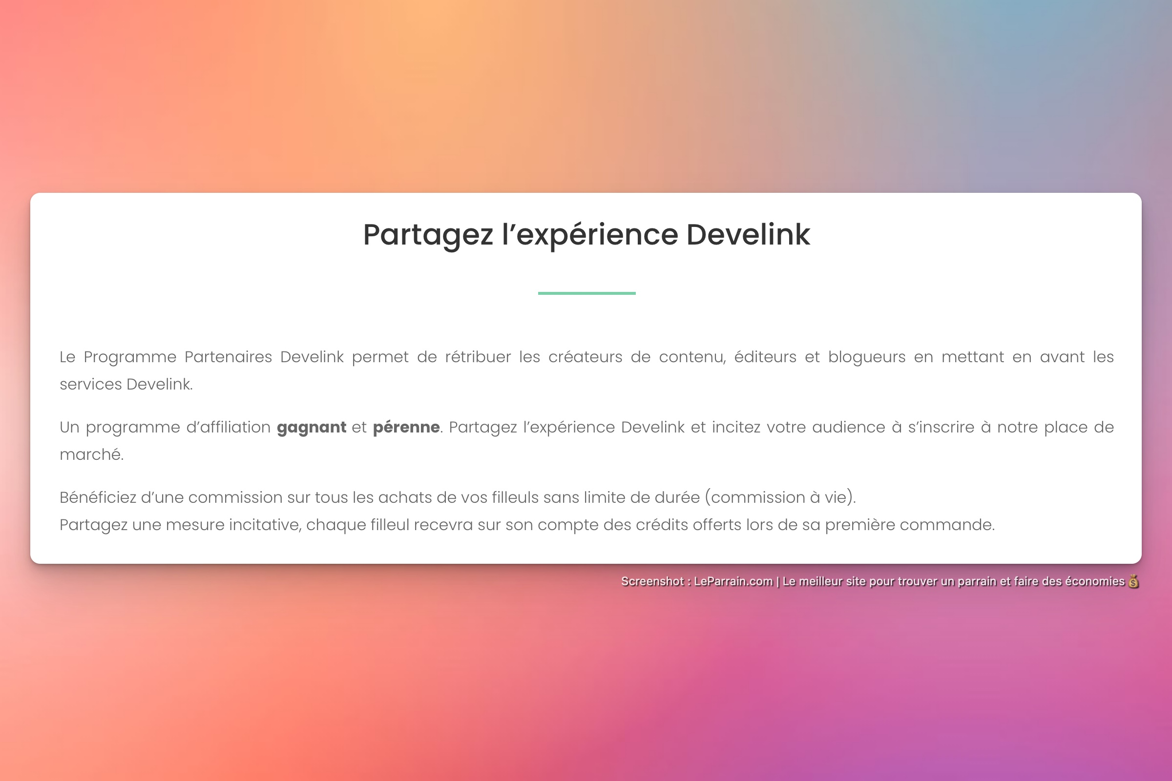 Capture d'écran 5 du programme de parrainage Develink