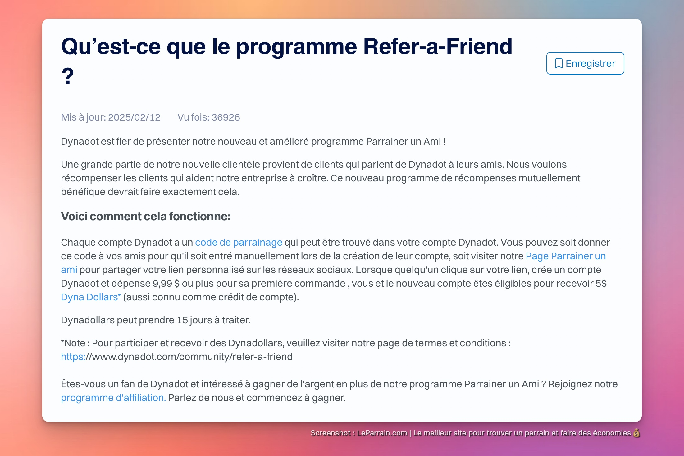 Capture d'écran 1 du programme de parrainage Dynadot