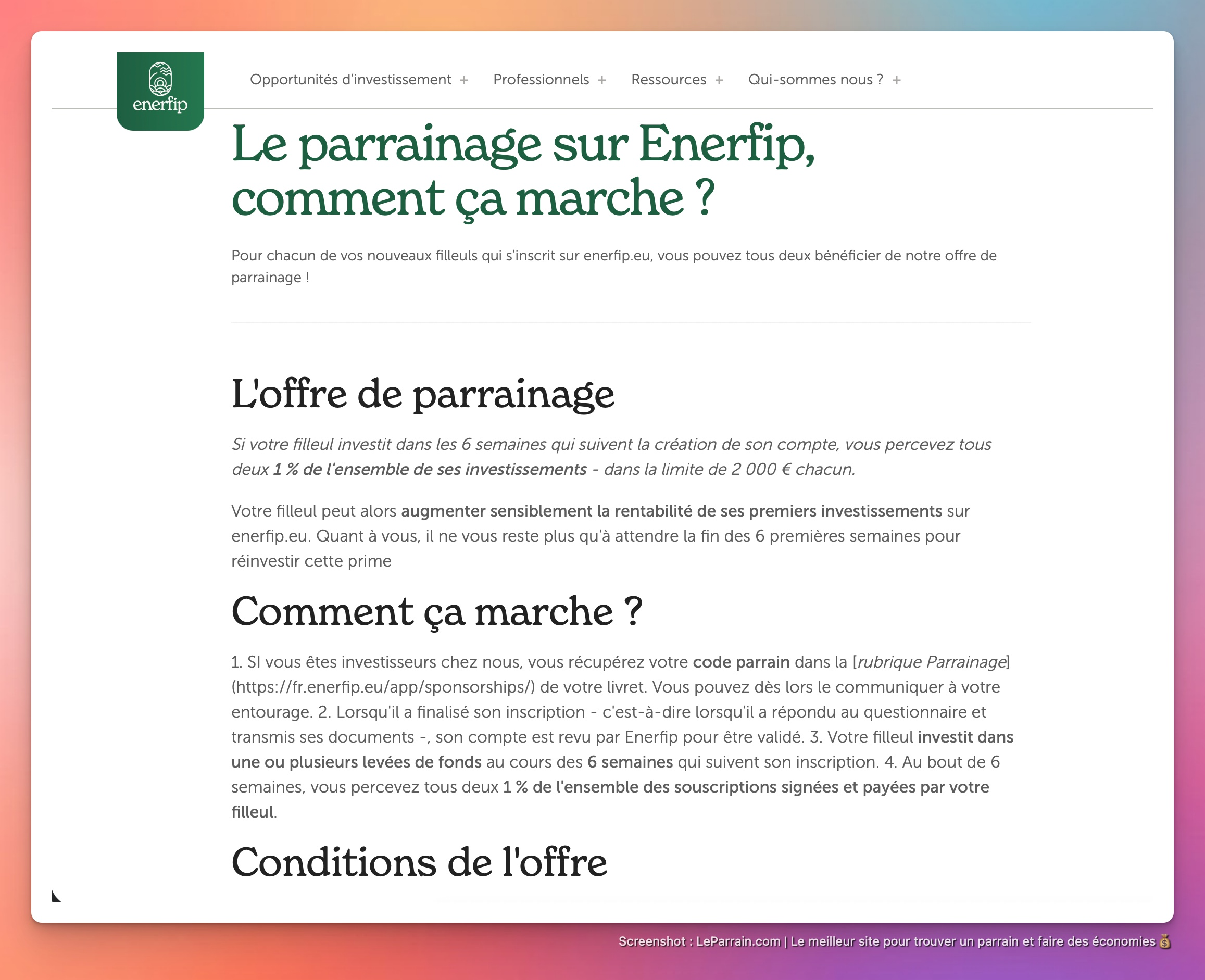 Capture d'écran 1 du programme de parrainage Enerfip