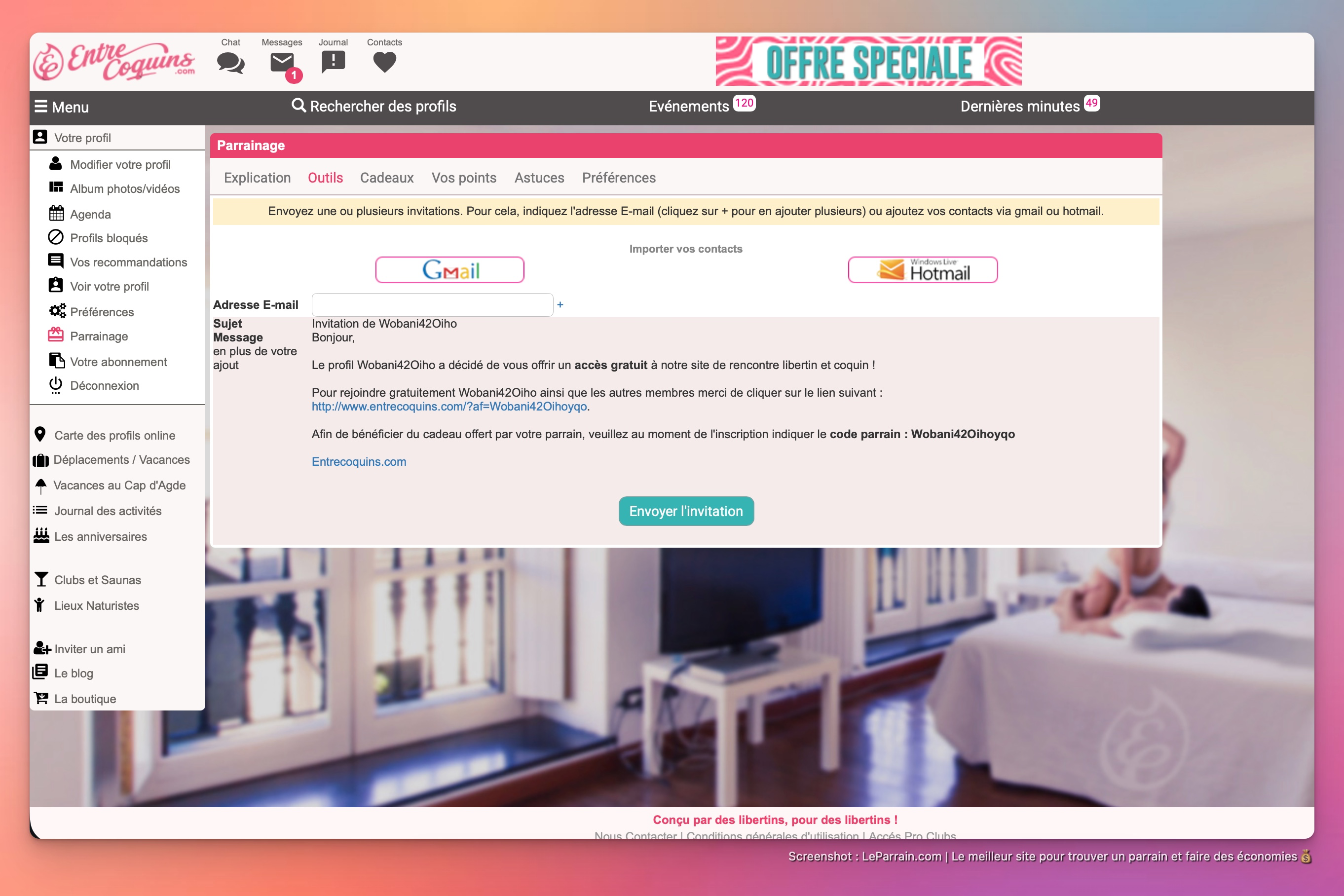 Capture d'écran 1 du programme de parrainage Entre Coquins