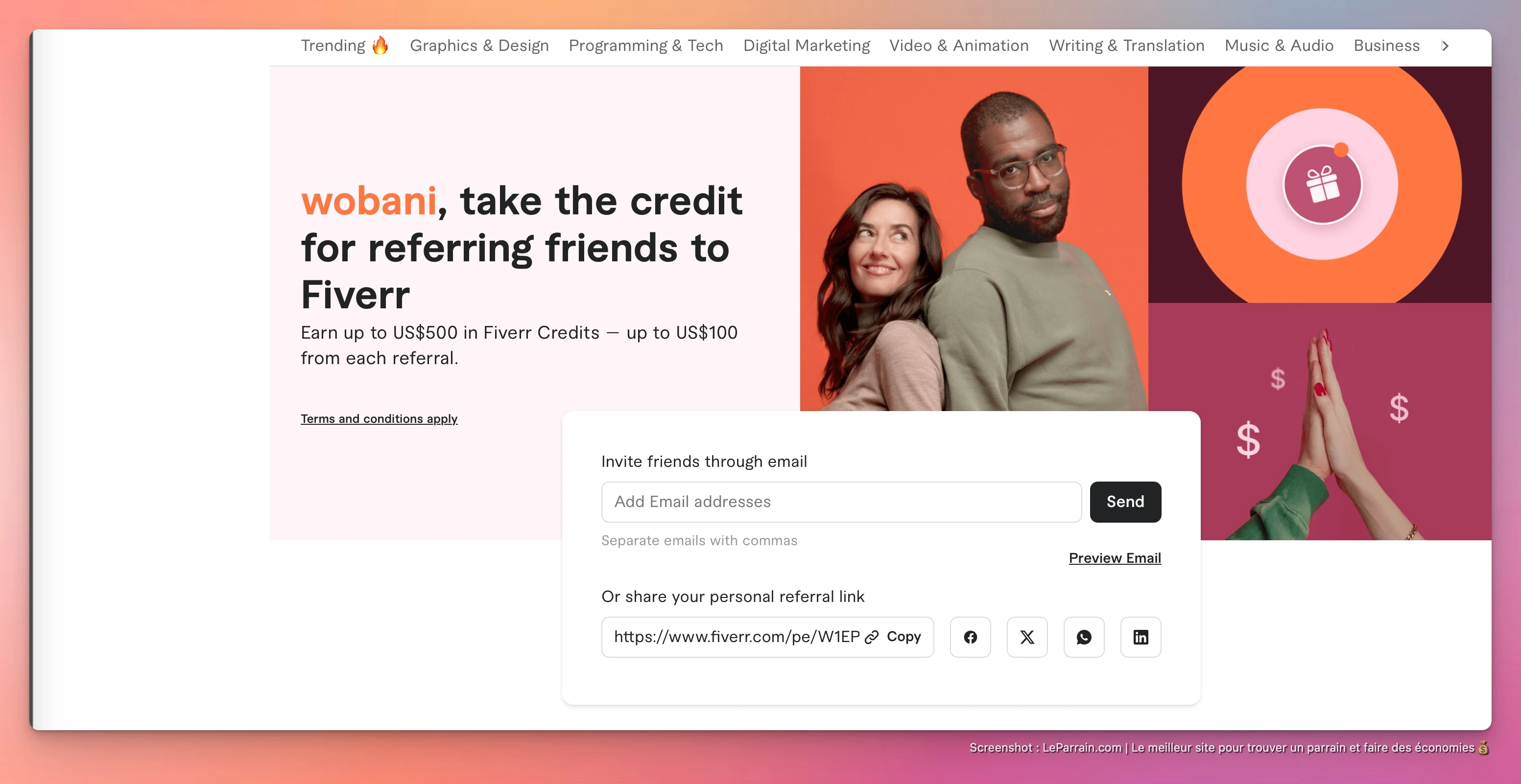 Capture d'écran 1 du programme de parrainage Fiverr