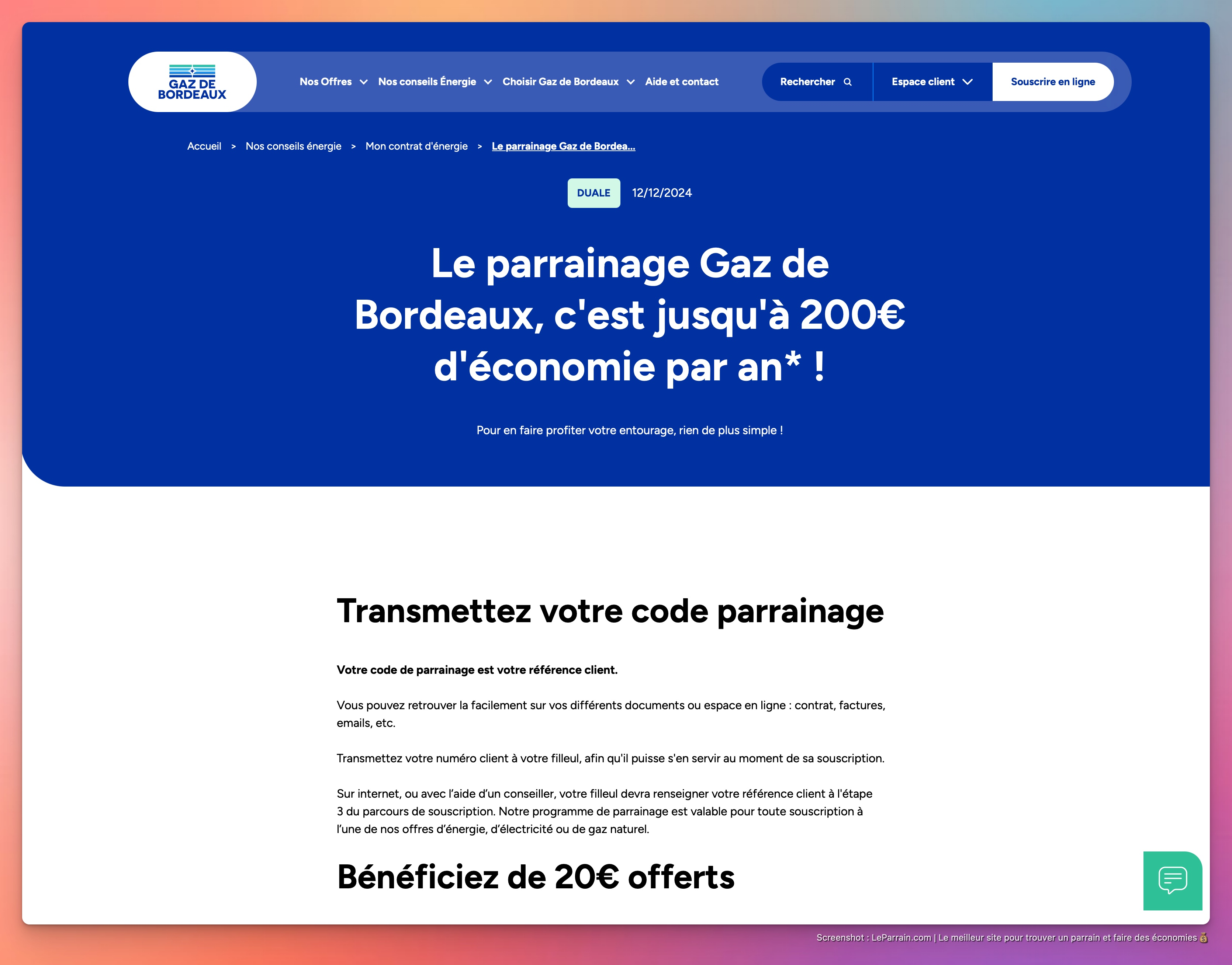 Capture d'écran 2 du programme de parrainage Gaz de Bordeaux