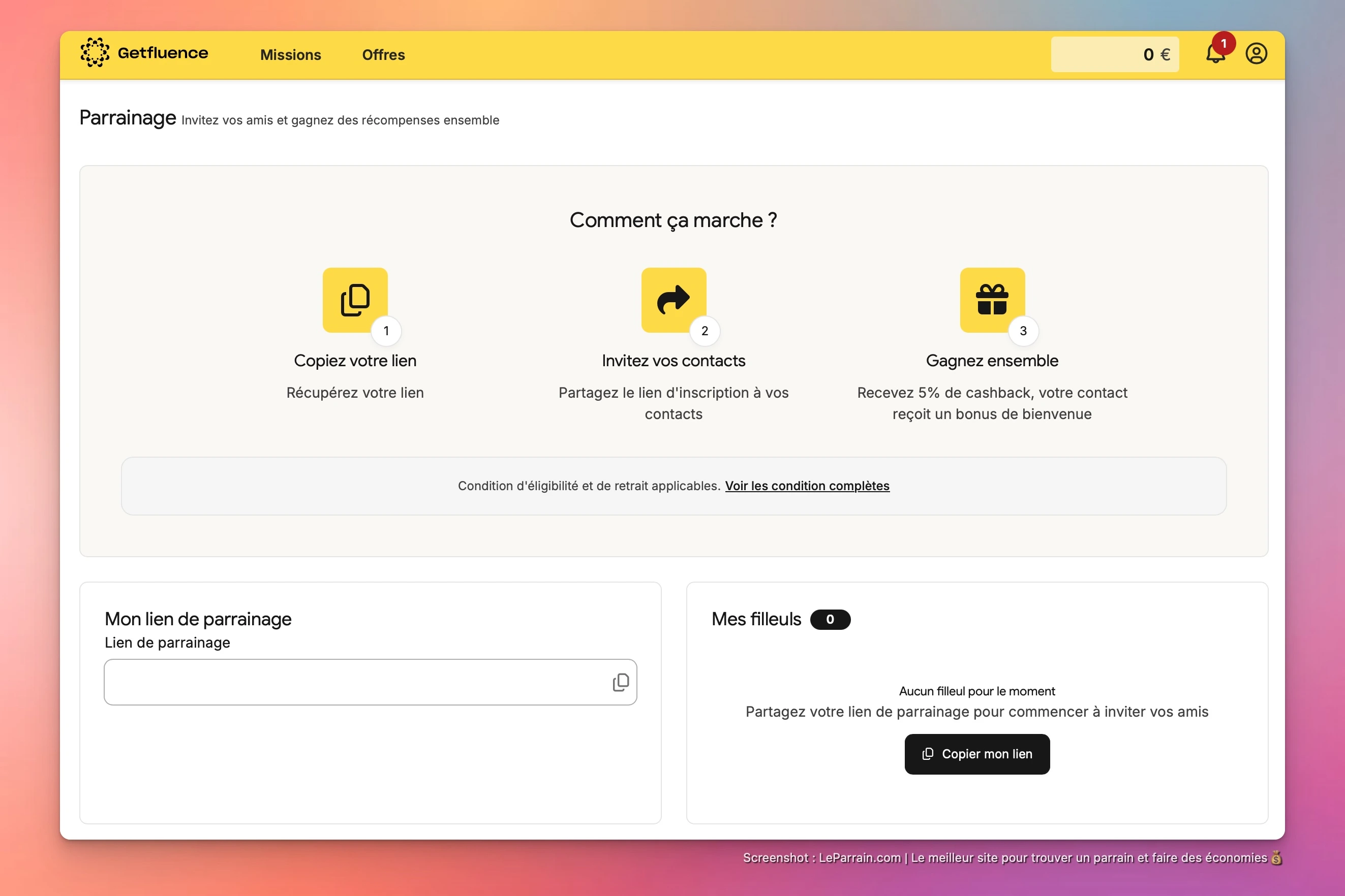 Capture d'écran 1 du programme de parrainage Getfluence