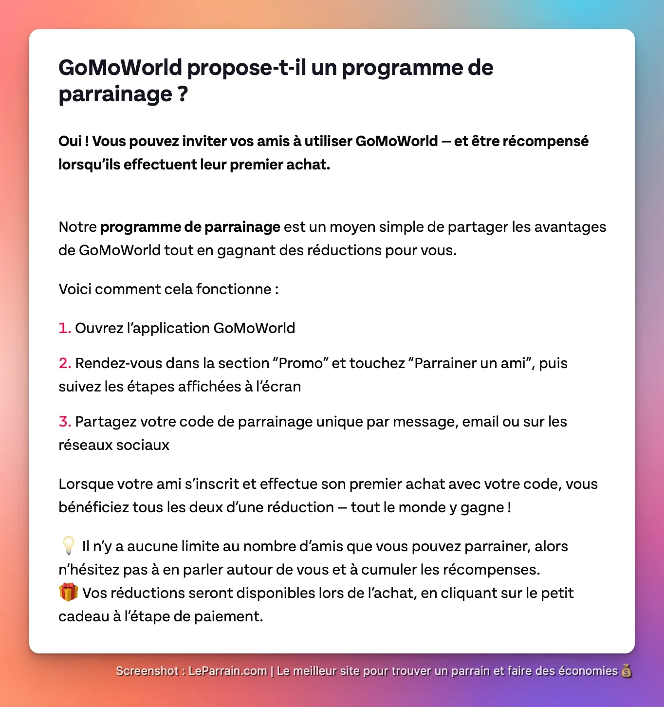 Capture d'écran 1 du programme de parrainage GoMoWorld