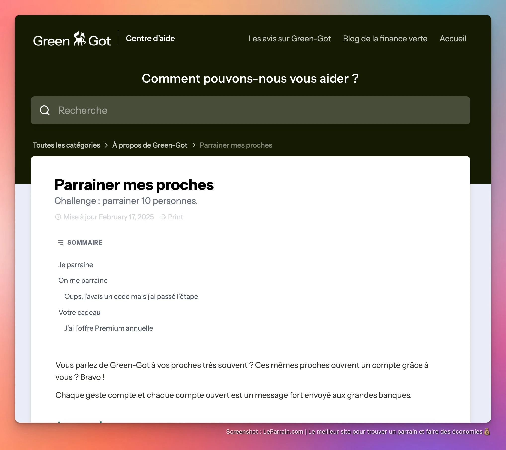 Capture d'écran 3 du programme de parrainage Green Got