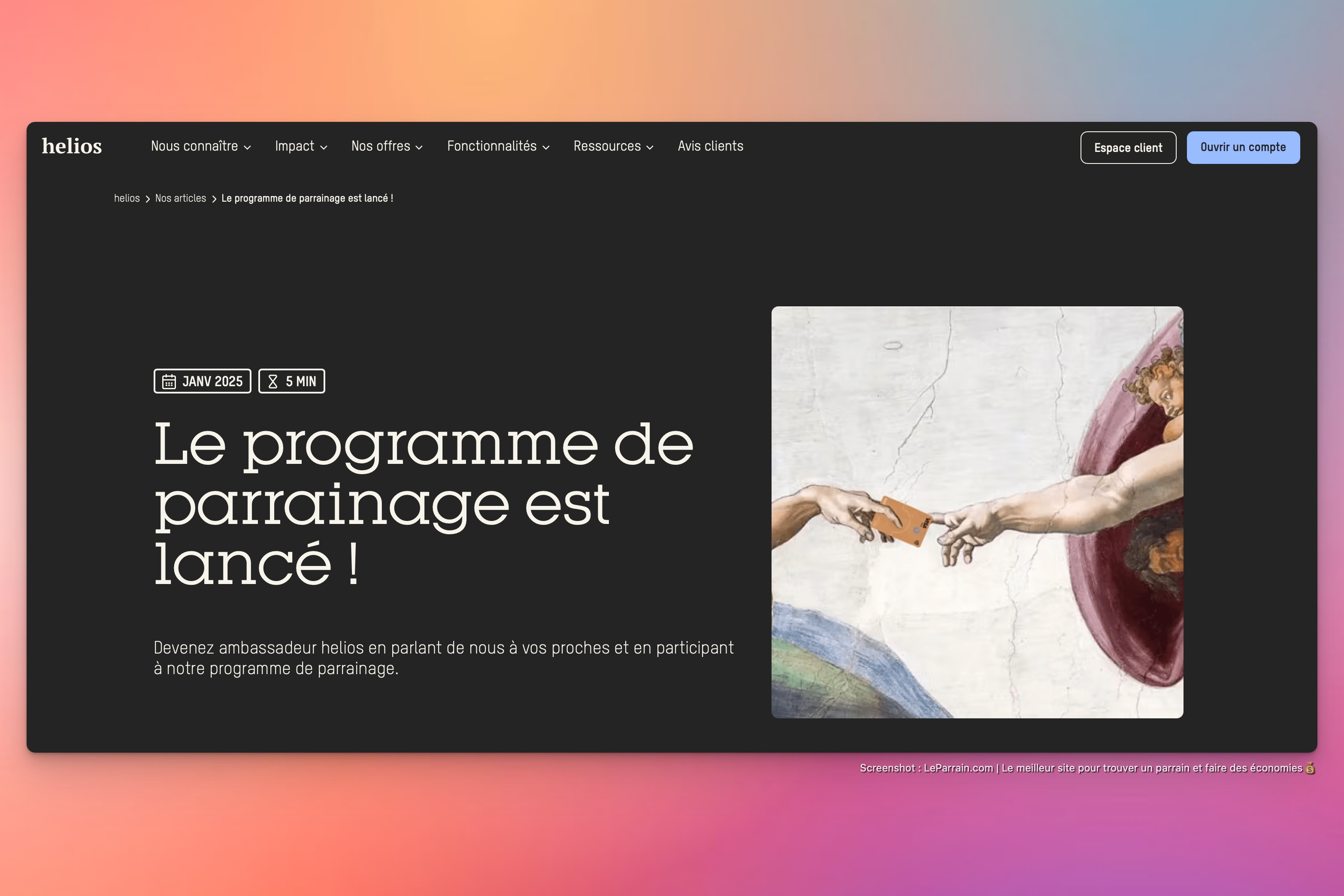 Capture d'écran 1 du programme de parrainage Helios