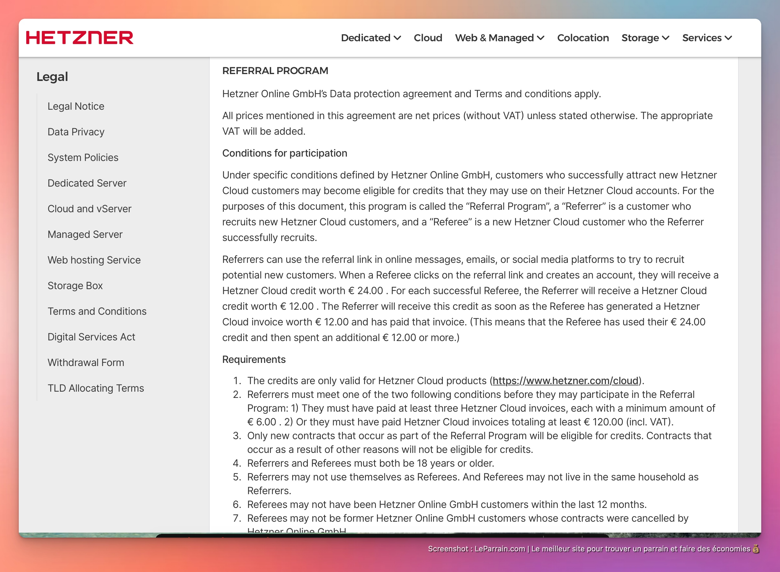 Capture d'écran 3 du programme de parrainage Hetzner