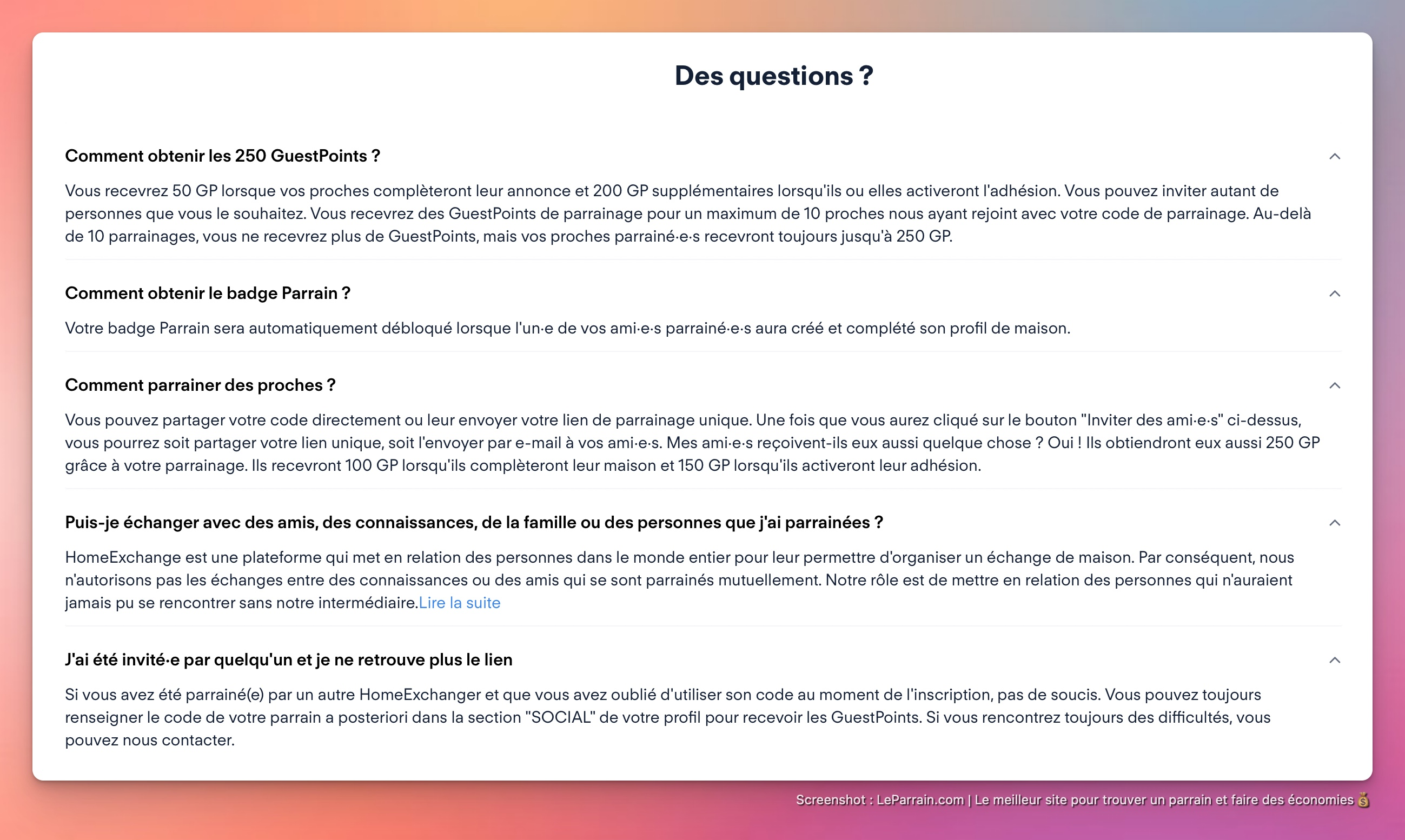 Capture d'écran 2 du programme de parrainage Homeexchange