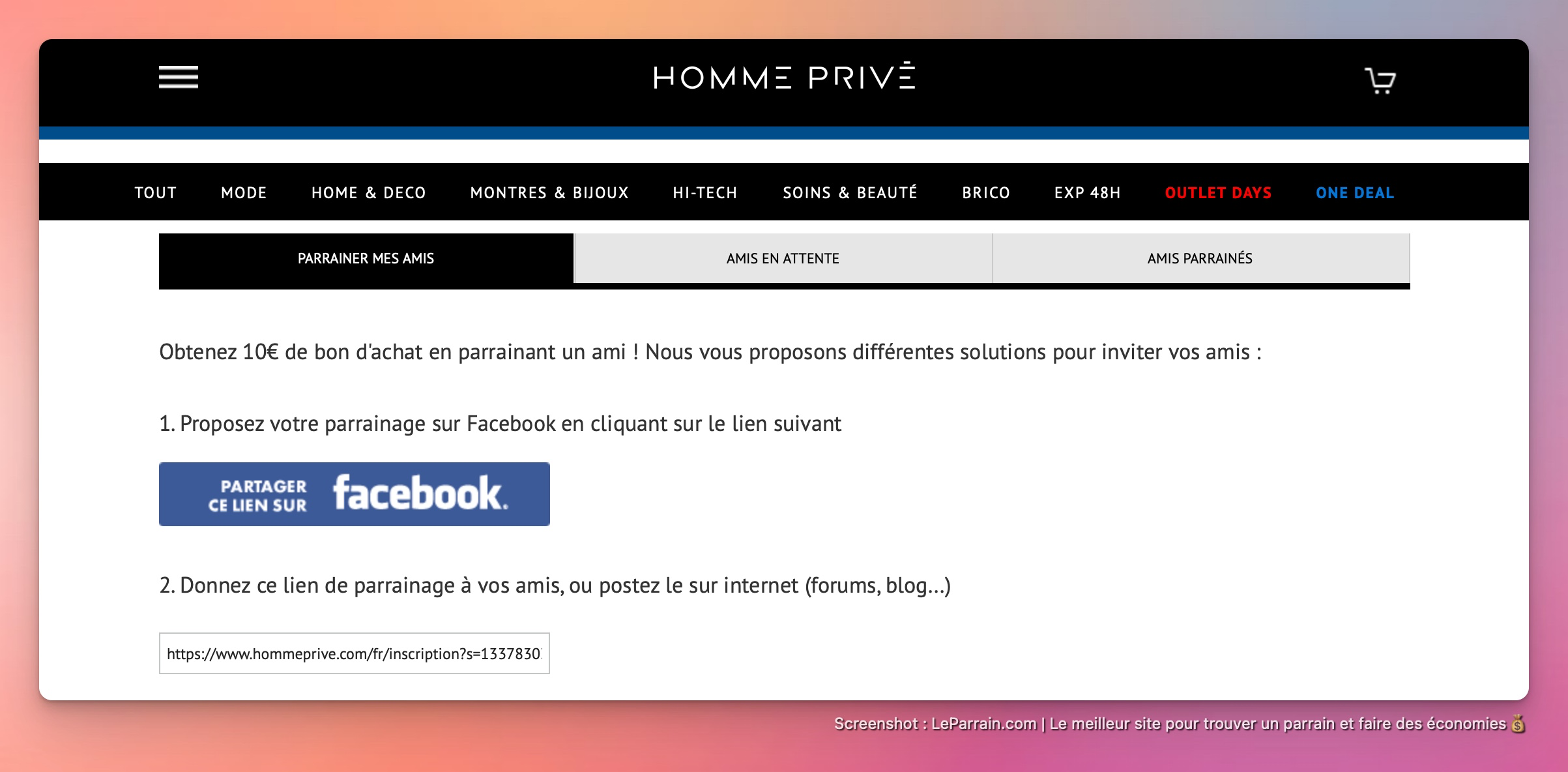 Capture d'écran 1 du programme de parrainage Homme Privé