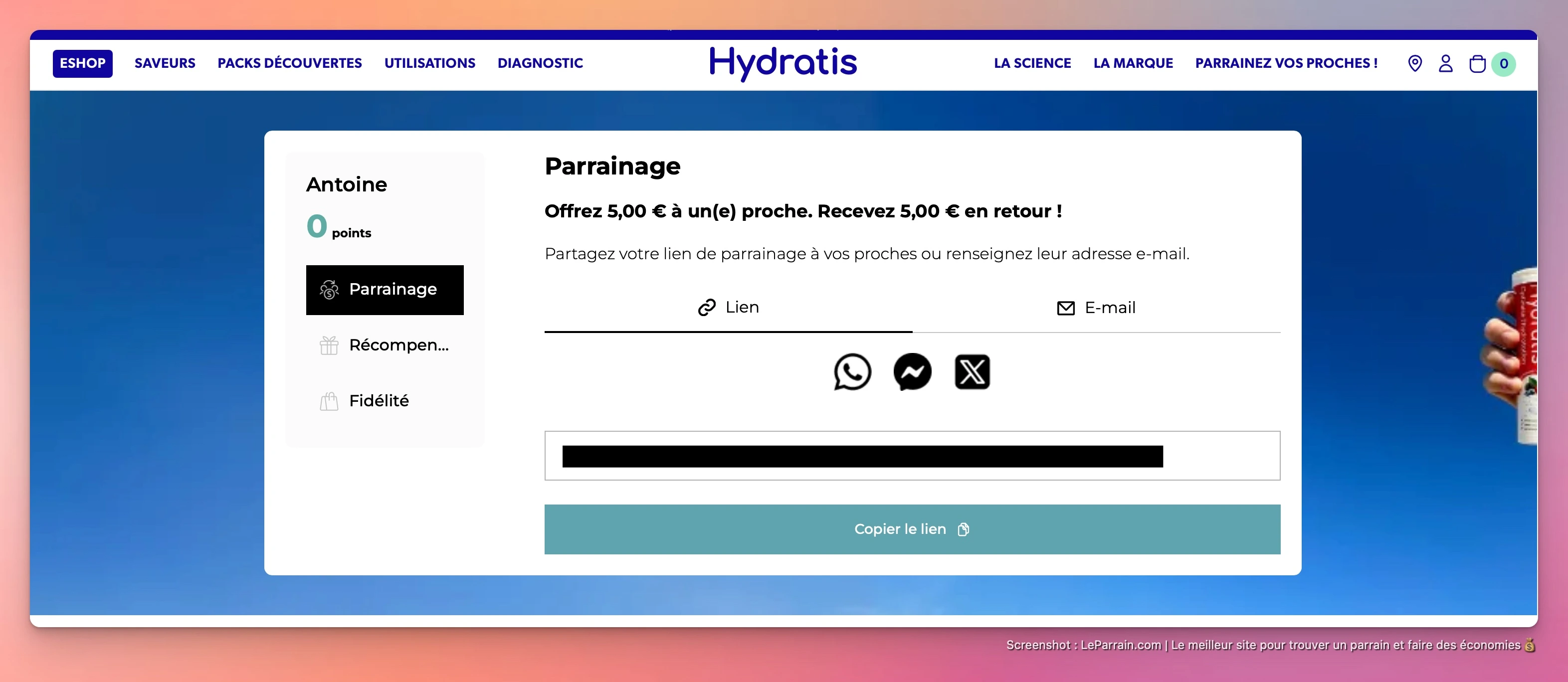 Capture d'écran 1 du programme de parrainage Hydratis