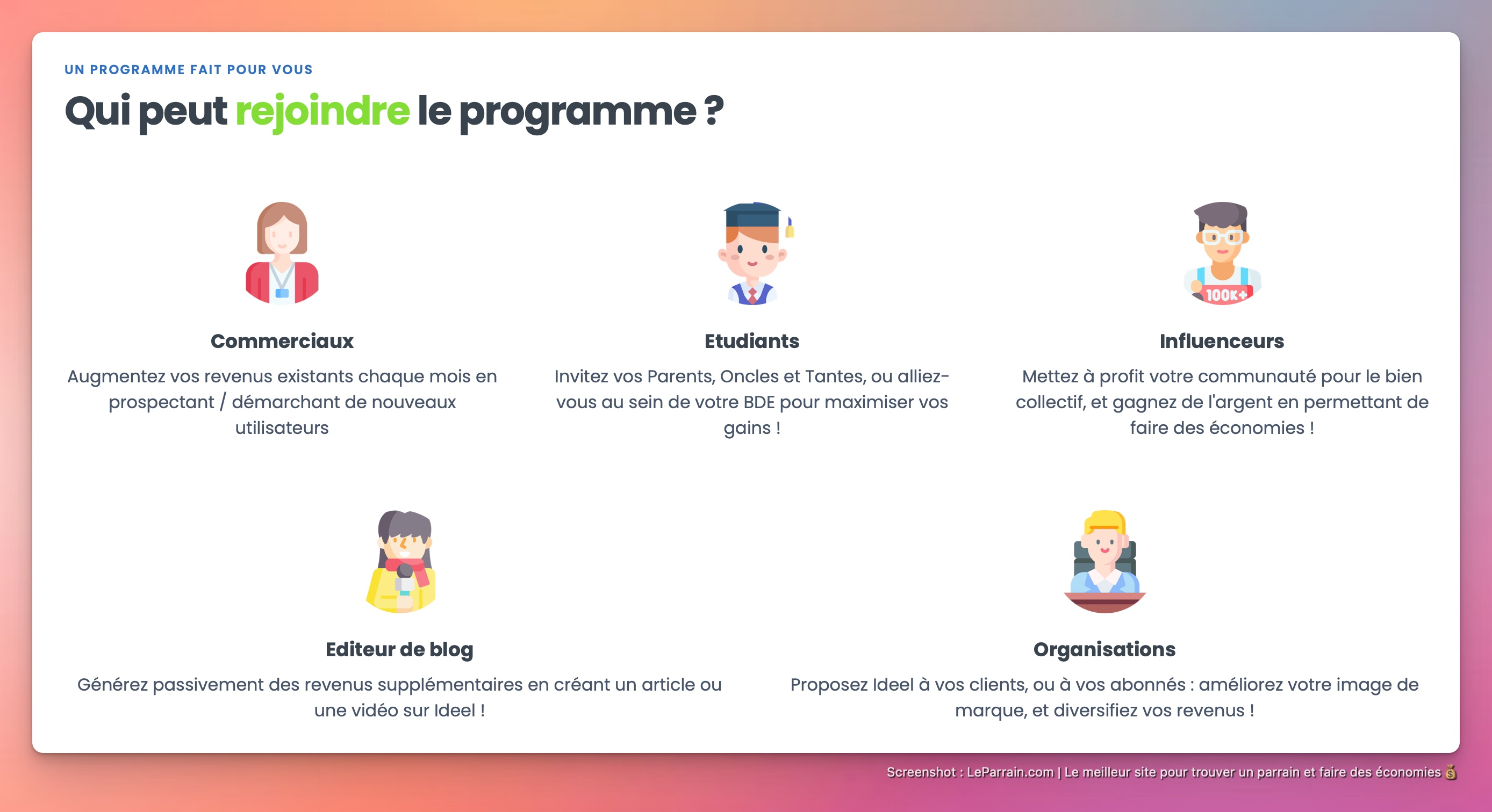 Capture d'écran 3 du programme de parrainage Ideel
