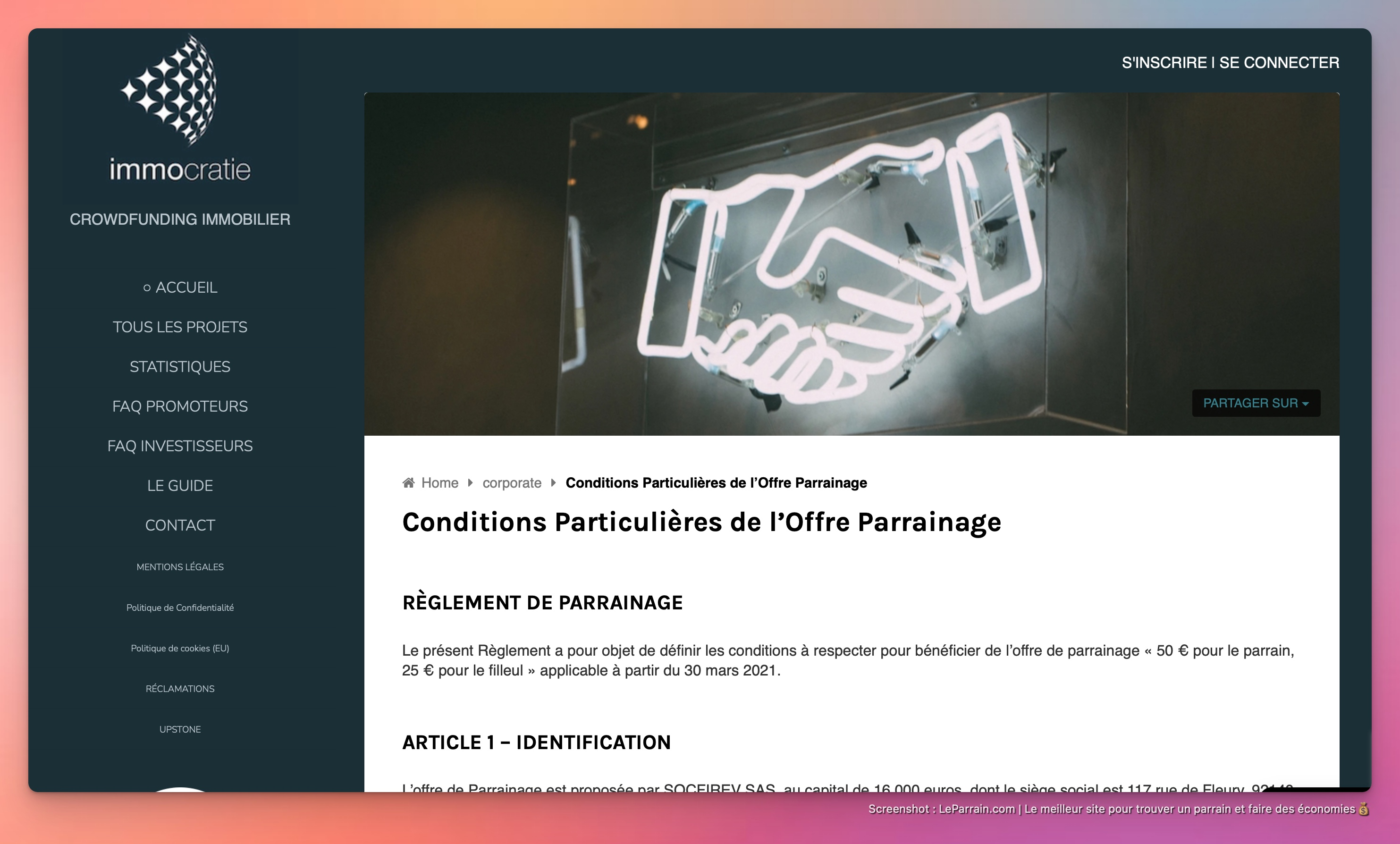 Capture d'écran 1 du programme de parrainage Immocratie