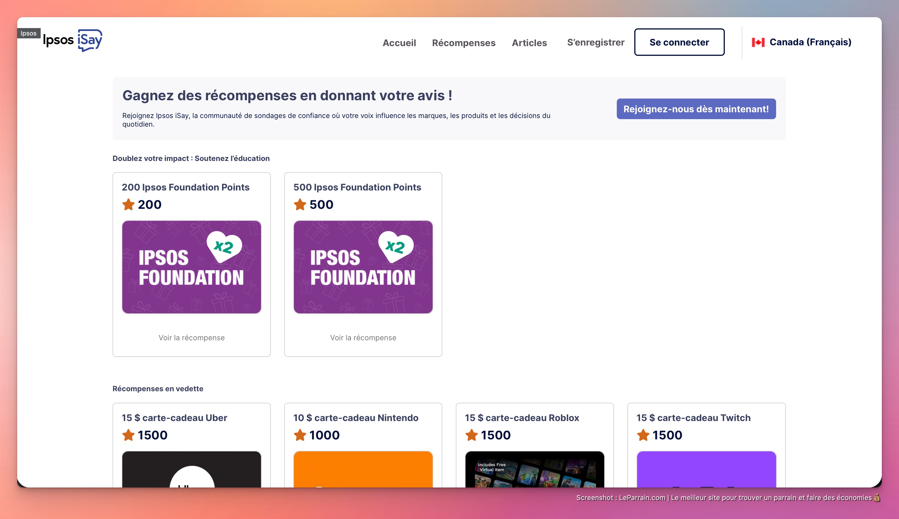 Capture d'écran 3 du programme de parrainage Ipsos