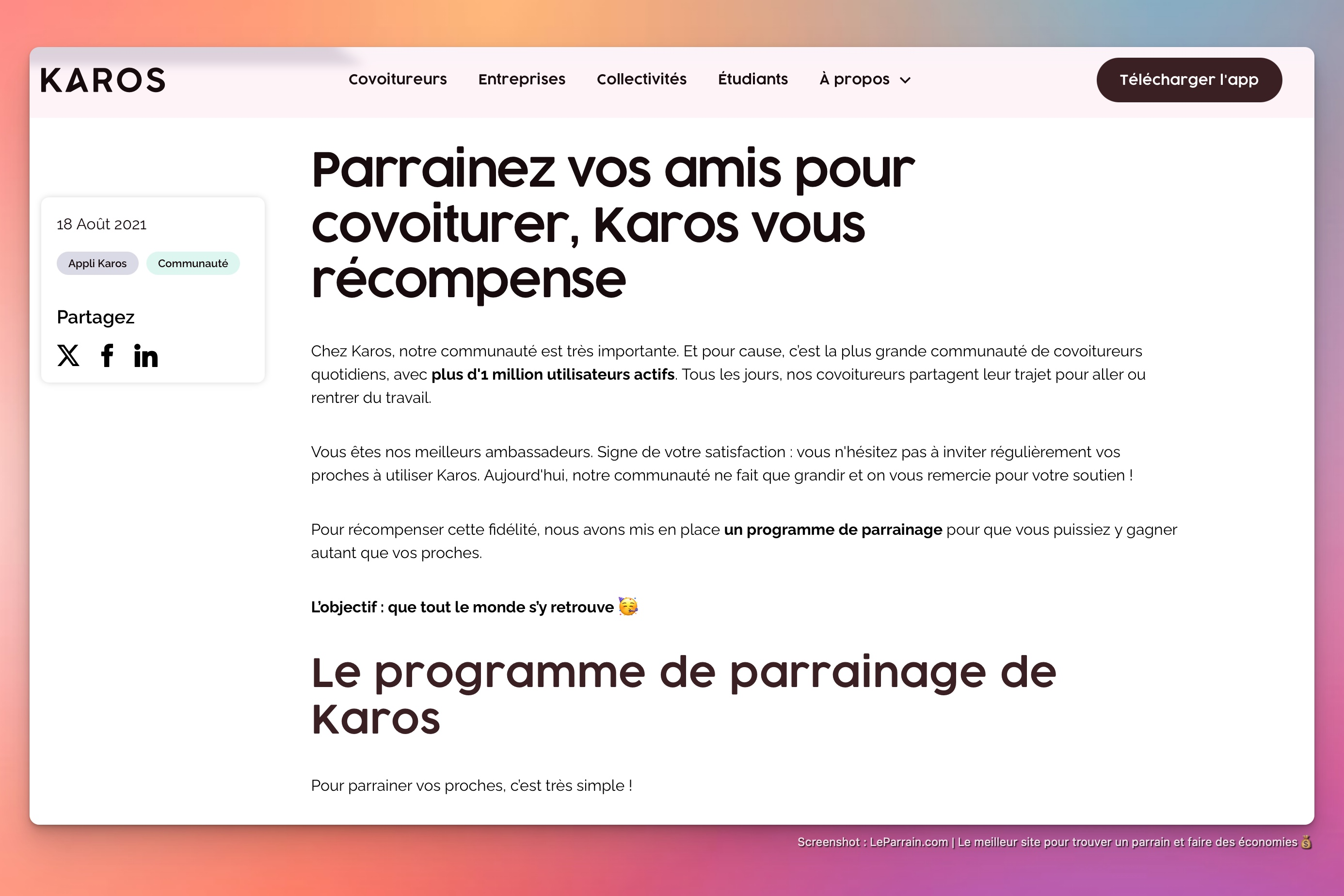 Capture d'écran 1 du programme de parrainage Karos