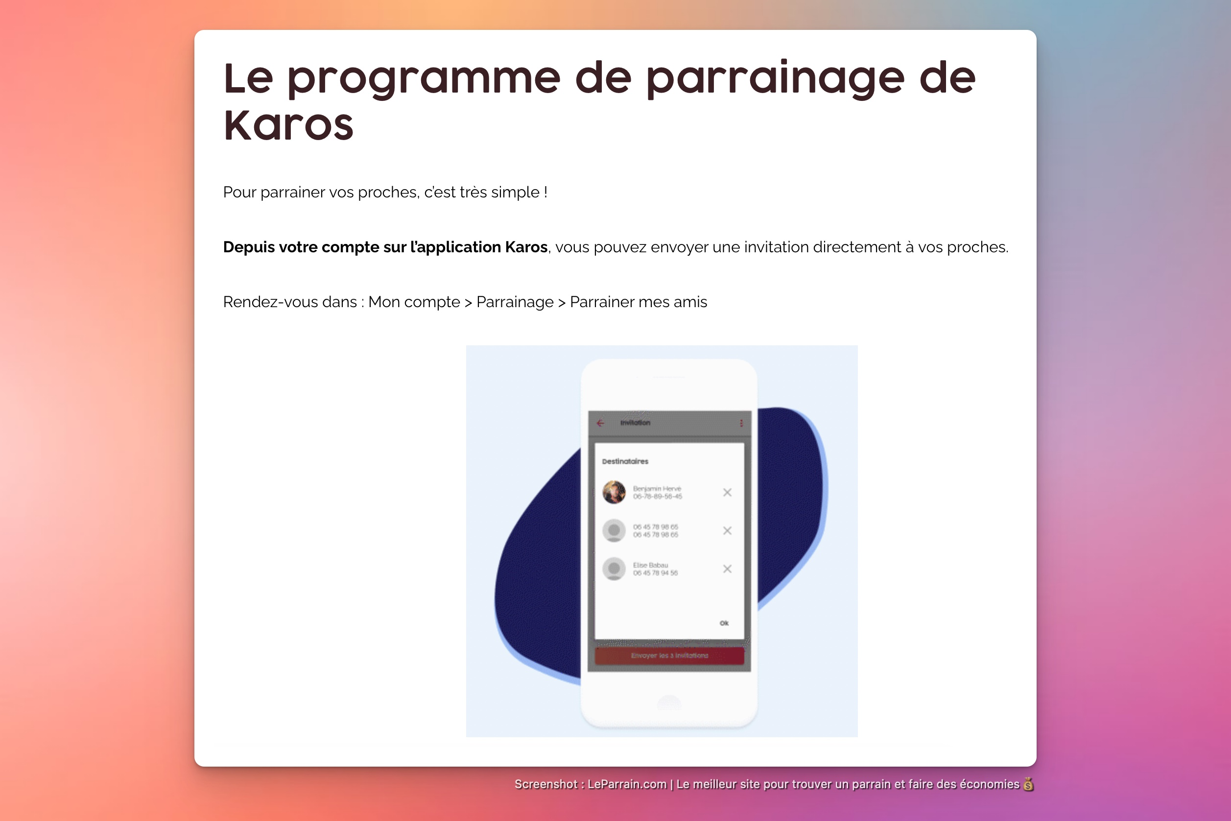 Capture d'écran 2 du programme de parrainage Karos