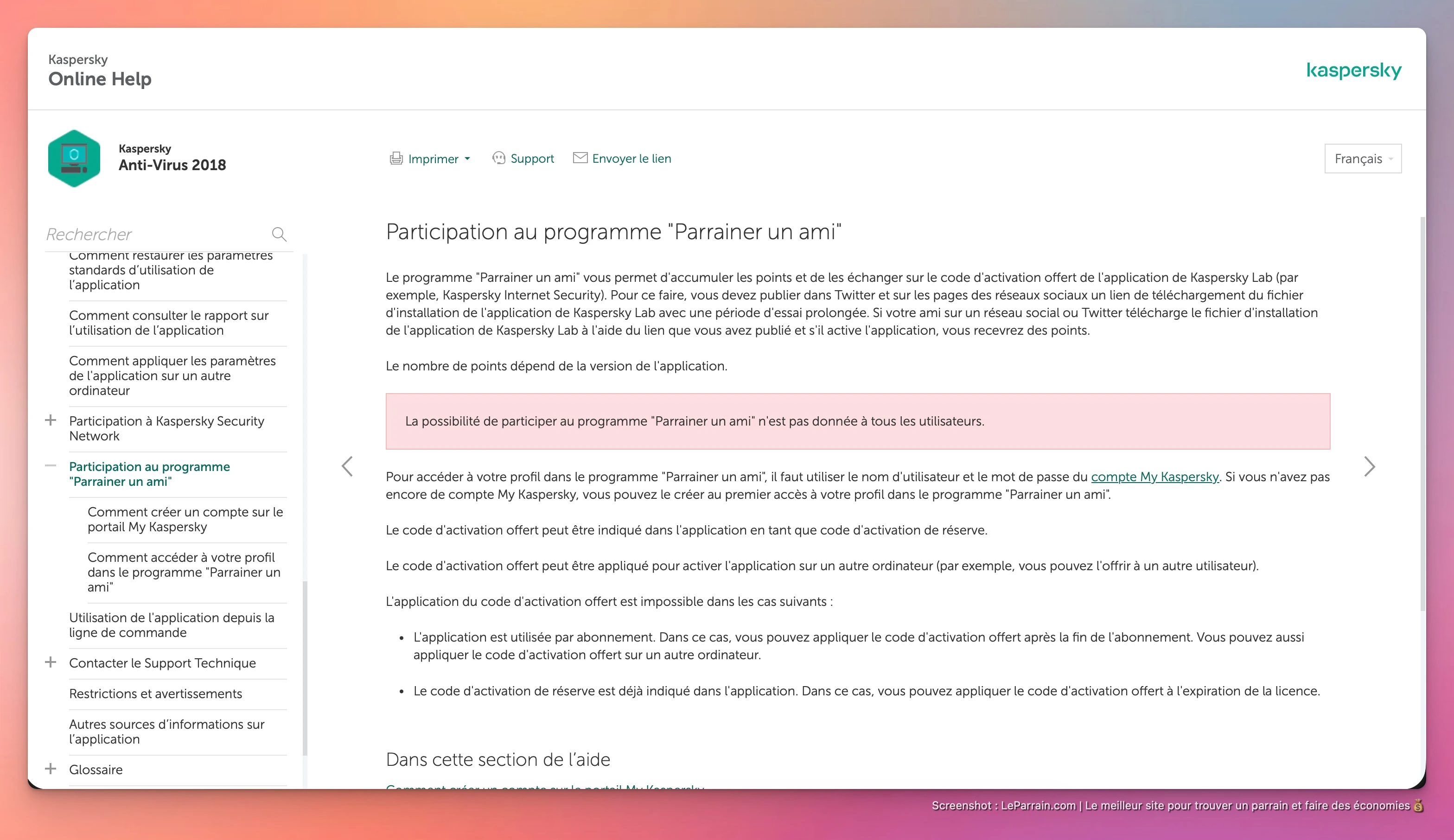 Capture d'écran 2 du programme de parrainage Kaspersky