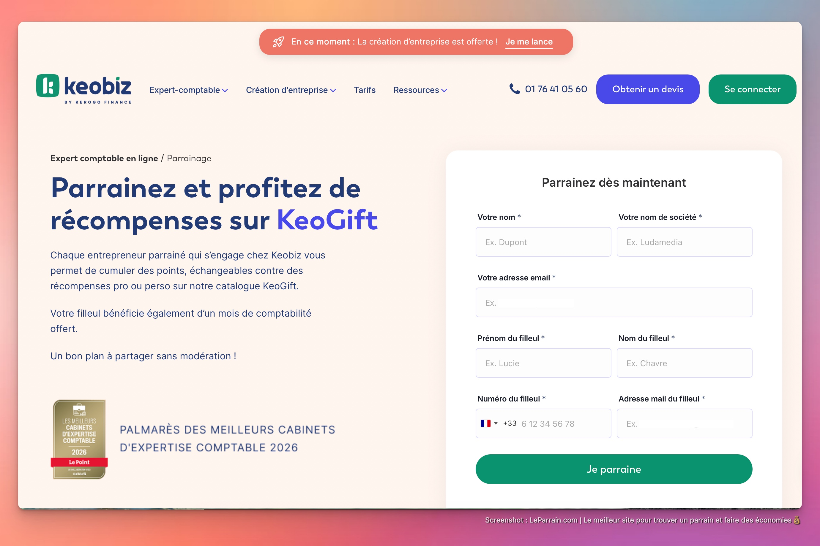 Capture d'écran 1 du programme de parrainage KeoBiz